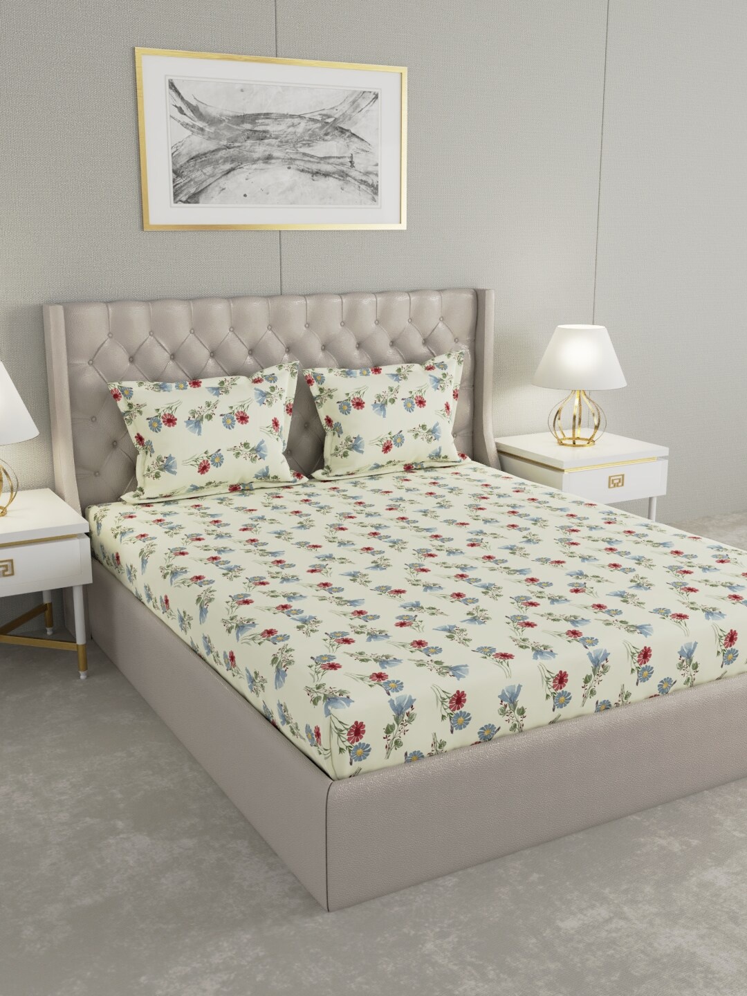

Raymond Home Off White & Blue Floral 104 TC Queen Bedsheet with 2 Pillow Covers