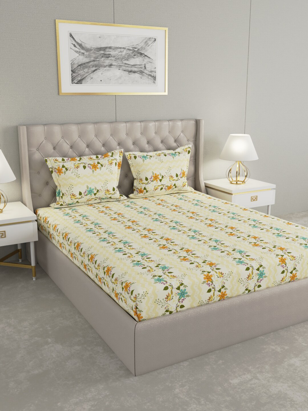 

Raymond Home Multicoloured Floral 104 TC Cotton Queen Bedsheet with 2 Pillow Covers, Multi