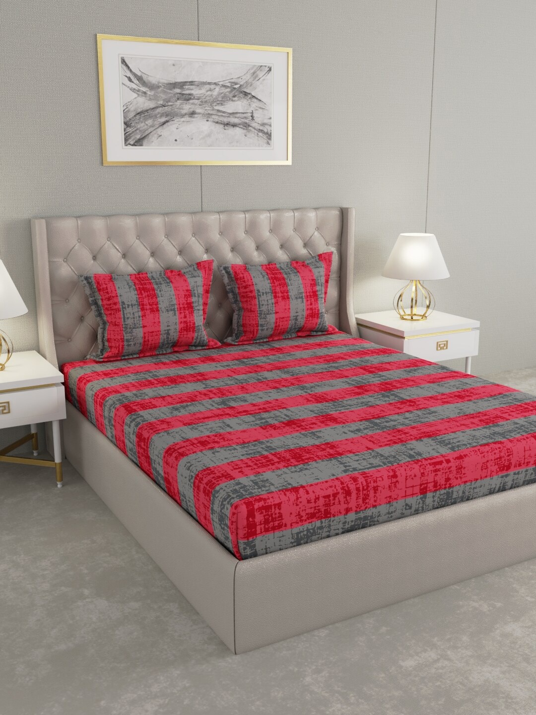 

Raymond Home Grey & Red Striped 104 TC Queen Bedsheet with 2 Pillow Covers