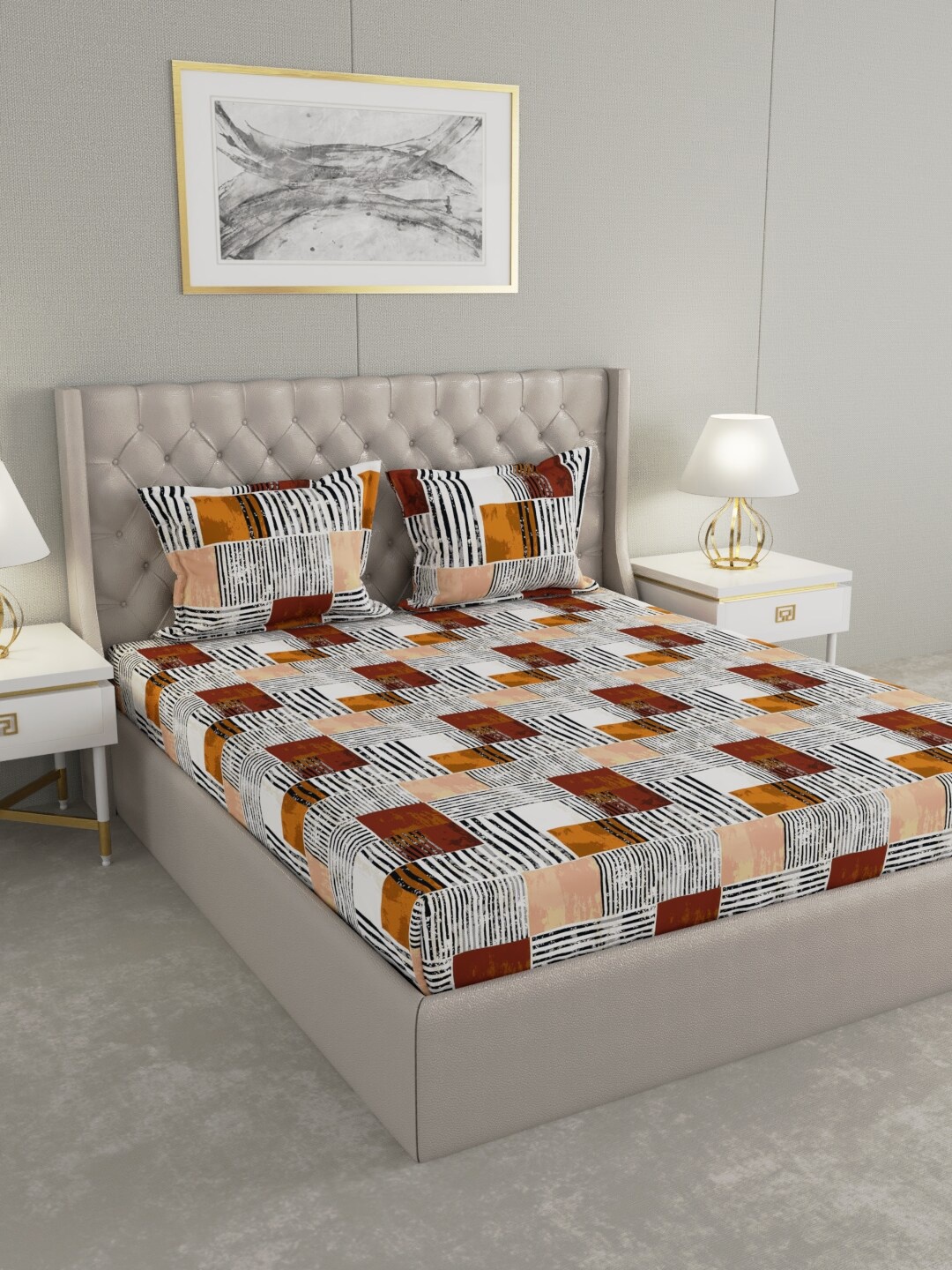 

Raymond Home White & Brown Geometric 104 TC Queen Bedsheet with 2 Pillow Covers