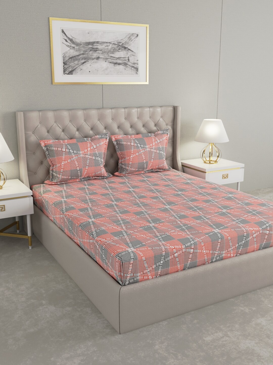 

Raymond Home Red & Grey Geometric 104 TC Queen Cotton Bedsheet with 2 Pillow Covers