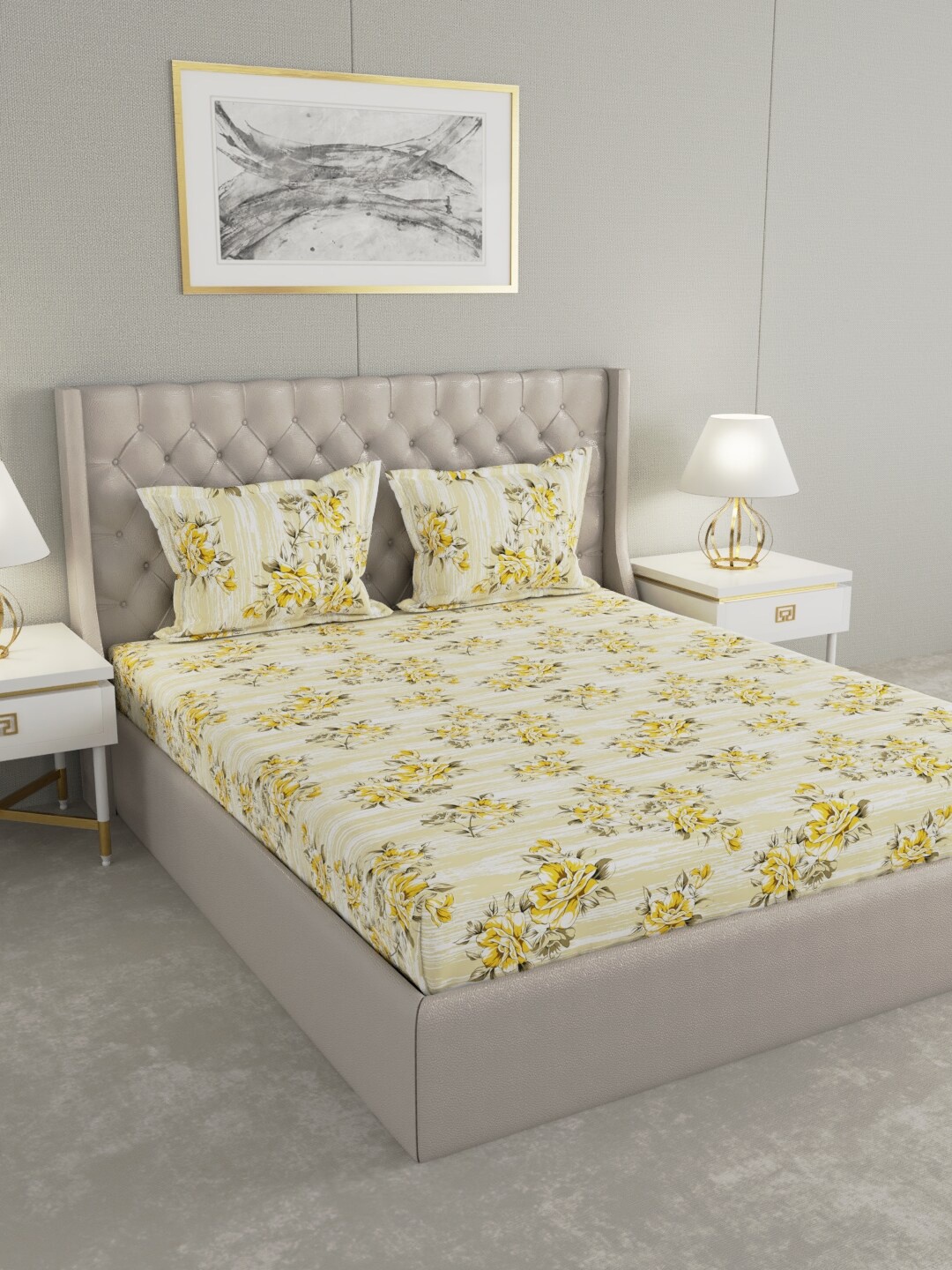 

Raymond Home Yellow & Green Floral 104 TC Queen Bedsheet with 2 Pillow Covers