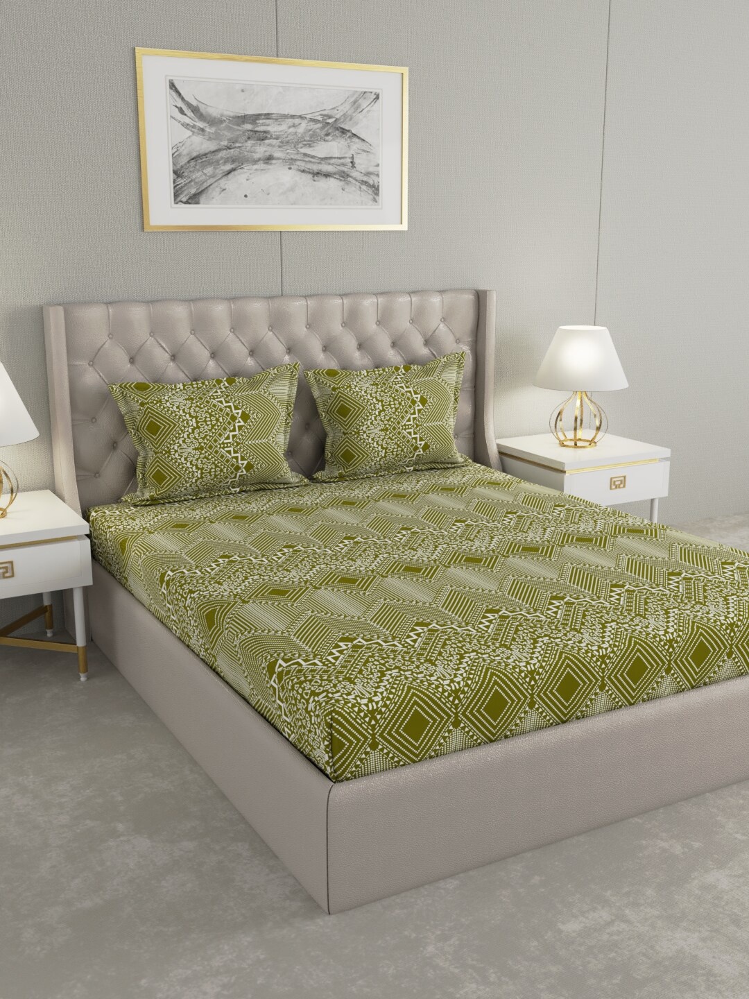 

Raymond Home Olive Green & White Ethnic Motifs 104 TC Queen Bedsheet with 2 Pillow Covers