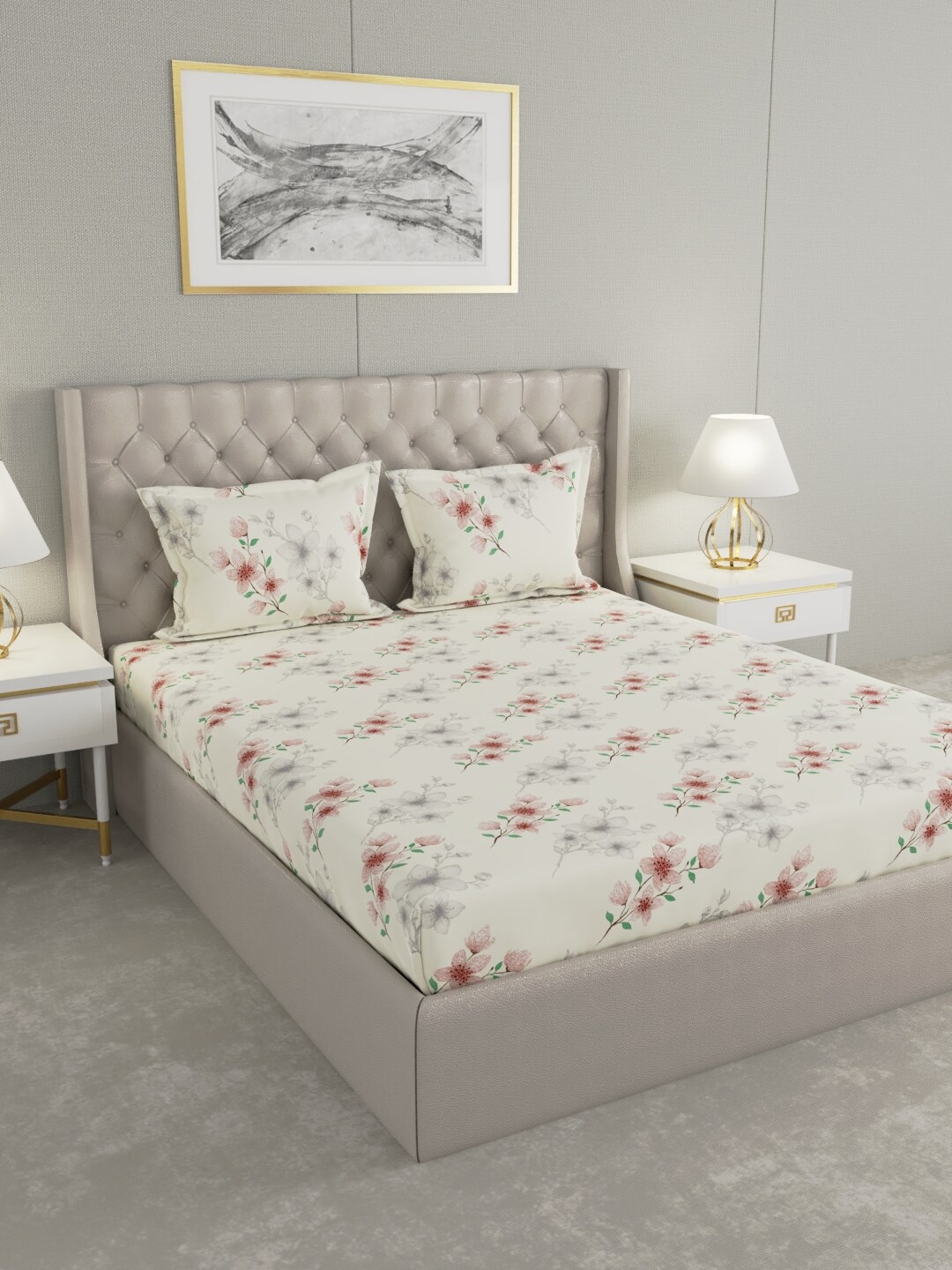 

Raymond Home Off White & Red Floral 104 TC Queen Bedsheet with 2 Pillow Covers