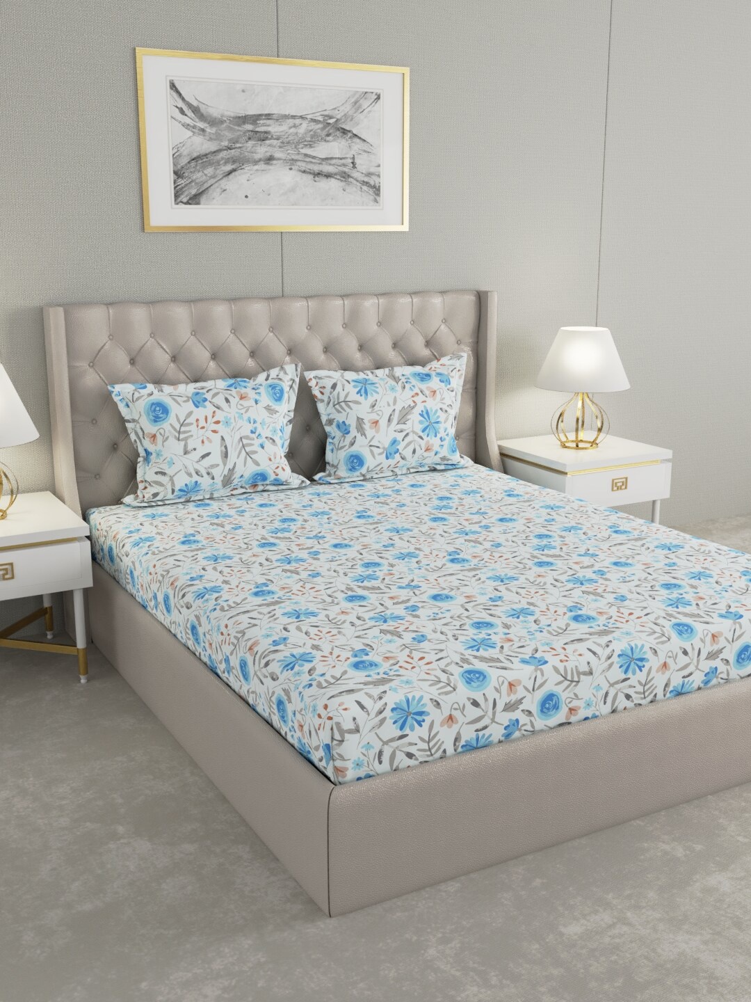 

Raymond Home Blue & White Floral 104 TC Queen Bedsheet with 2 Pillow Covers