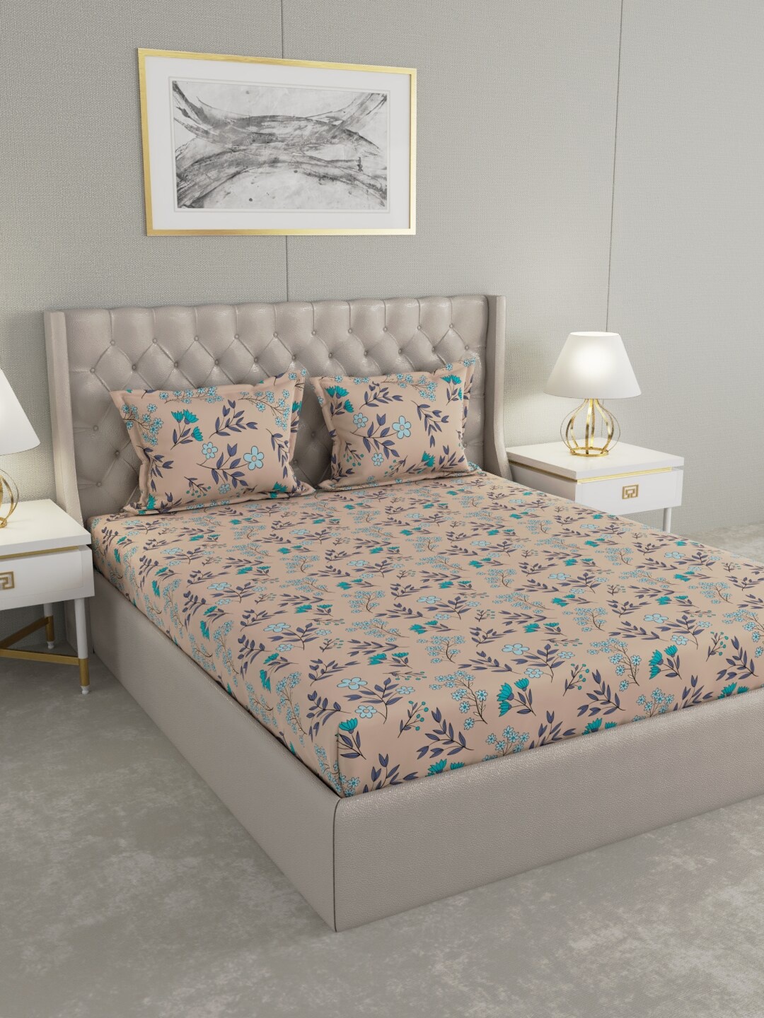 

Raymond Home Brown & Blue Floral 104 TC Queen Cotton Bedsheet with 2 Pillow Covers