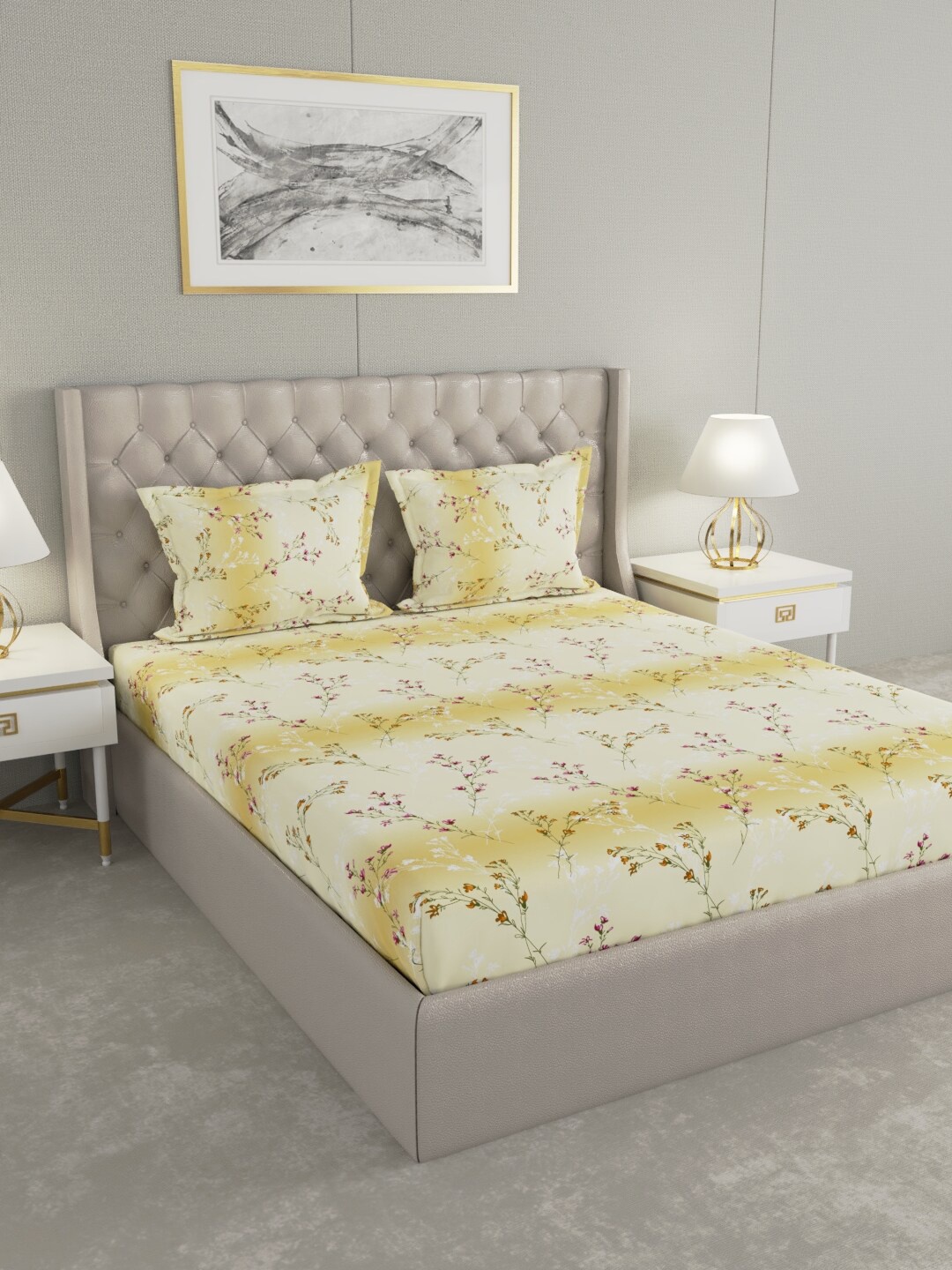 

Raymond Home Cream-Coloured & Purple Floral 104 TC Queen Bedsheet with 2 Pillow Covers