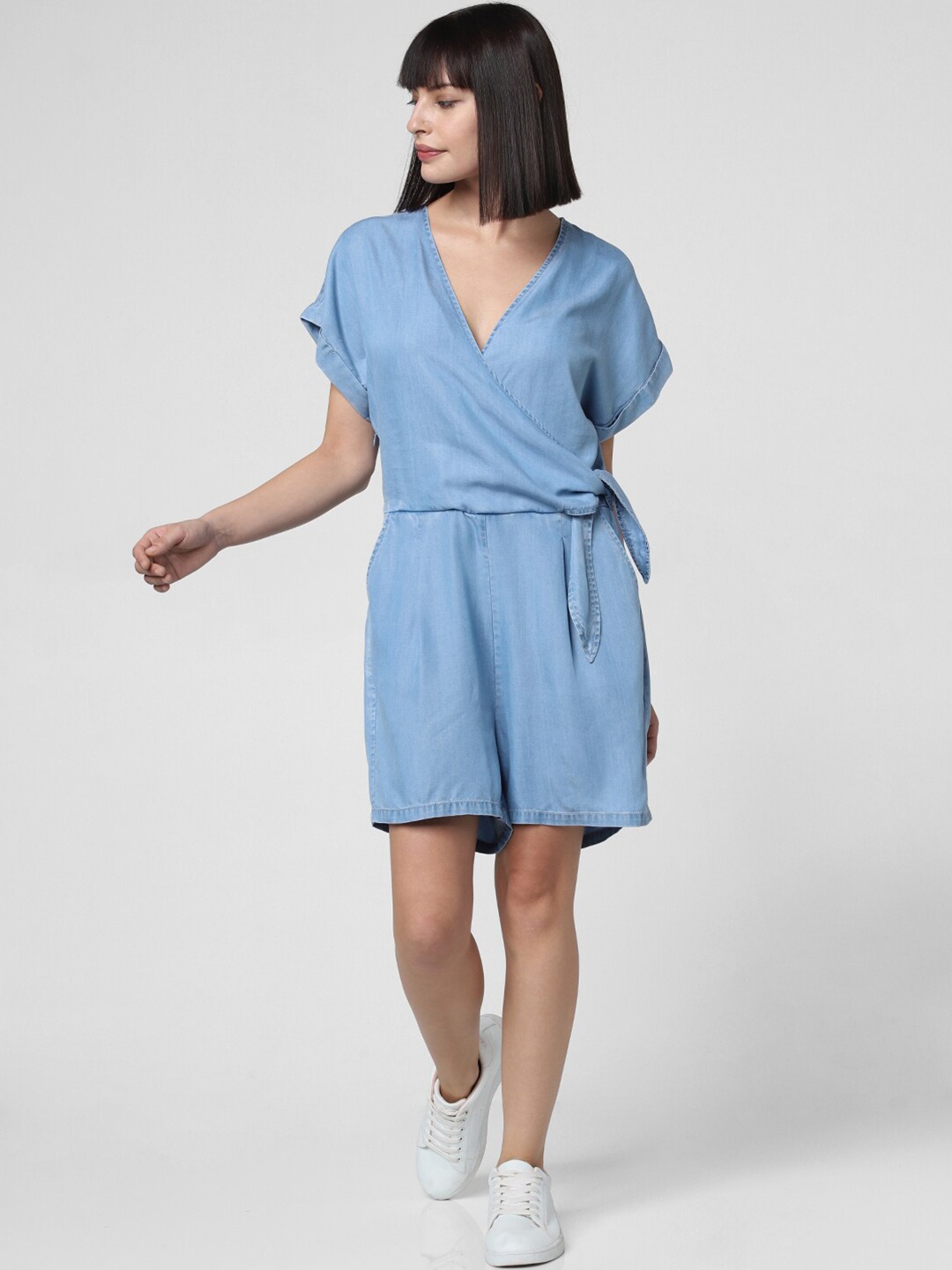 

Vero Moda Women Blue V-Neck Waist Tie-Up Playsuit