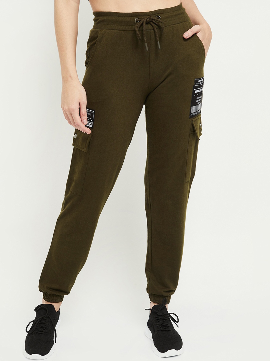 

max Women Olive Green Solid Slim-Fit Cotton Joggers