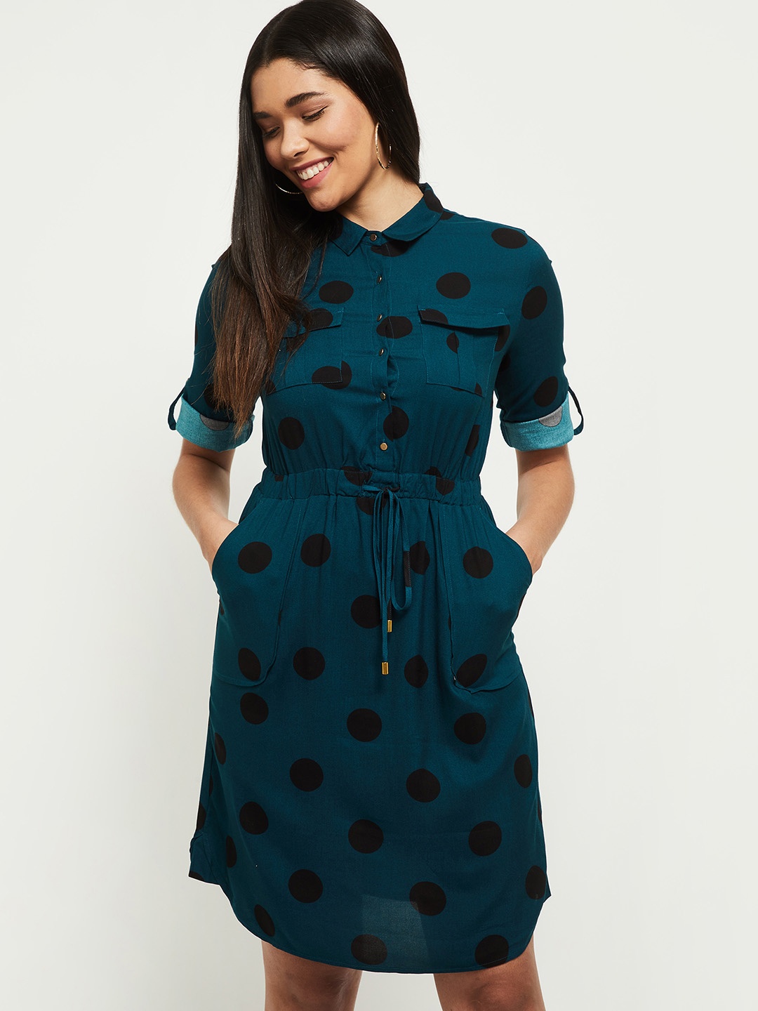 

max Teal Blue & Black Polka Dot Shirt Dress