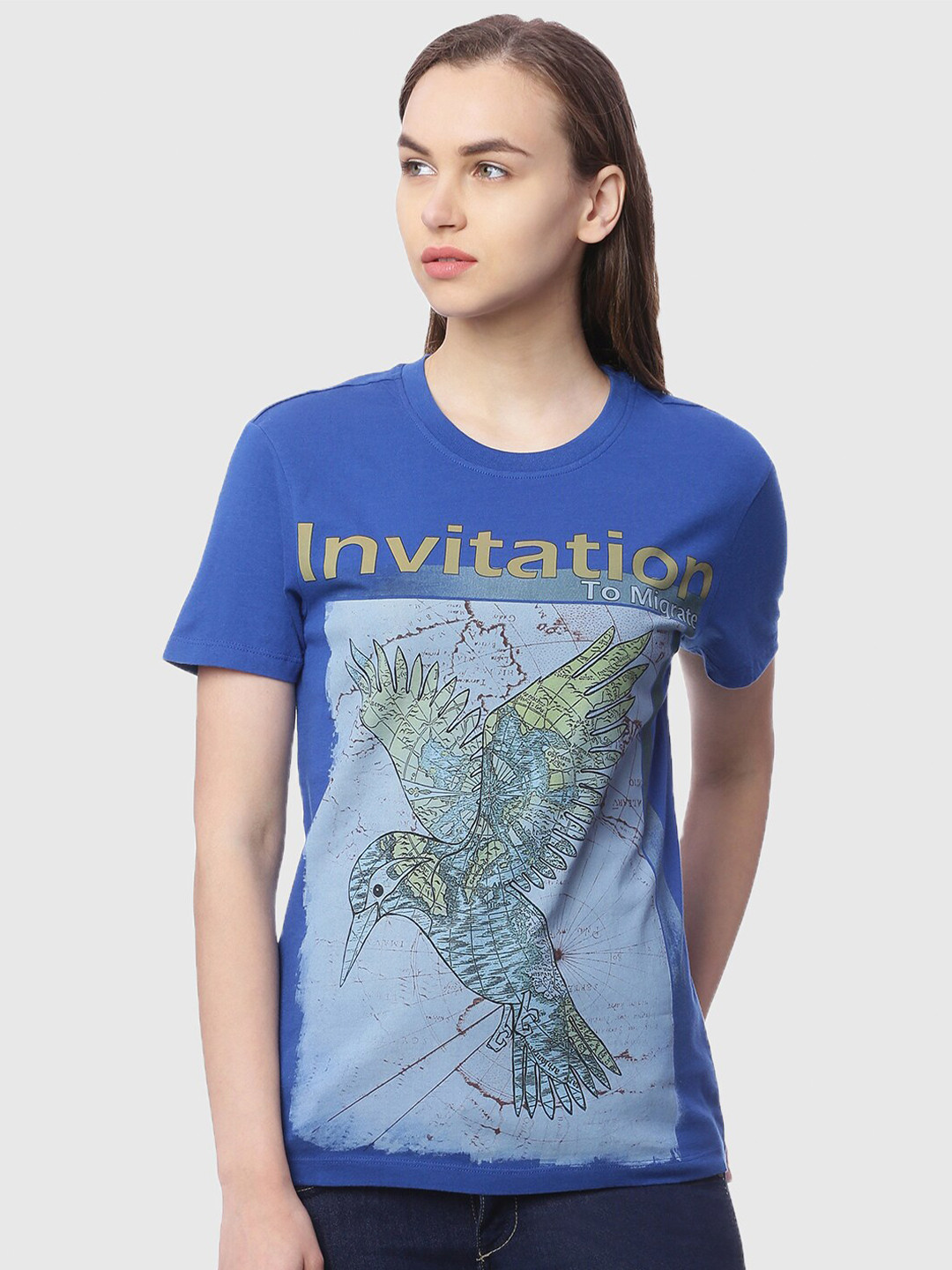 

Wolfpack Women Blue Printed Raw Edge T-shirt