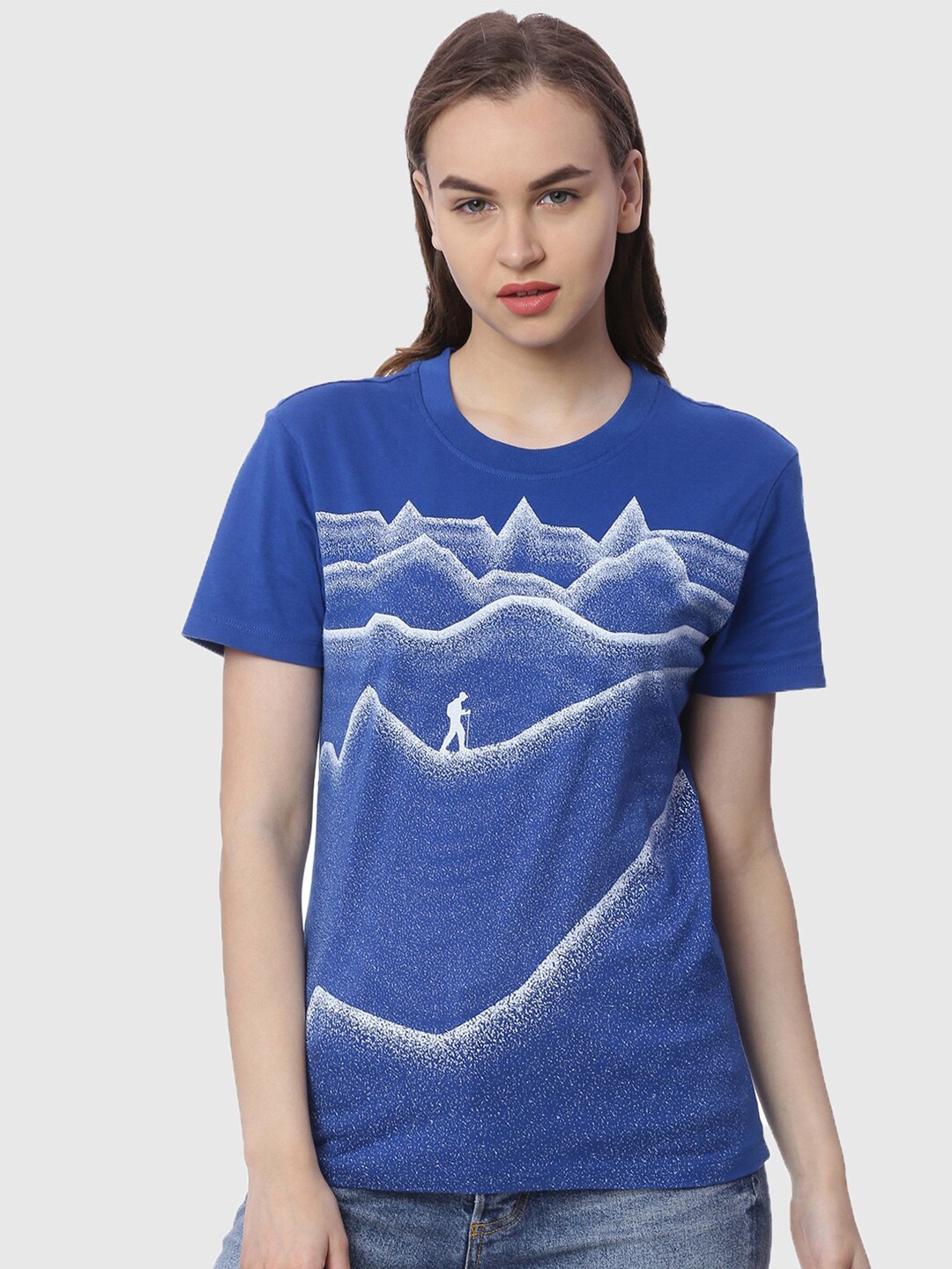 

Wolfpack Women Blue & White Printed Pure Cotton T-shirt