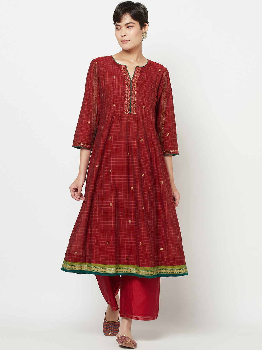 

Fabindia Women Red & Green Checked Gotta Patti Anarkali Kurta