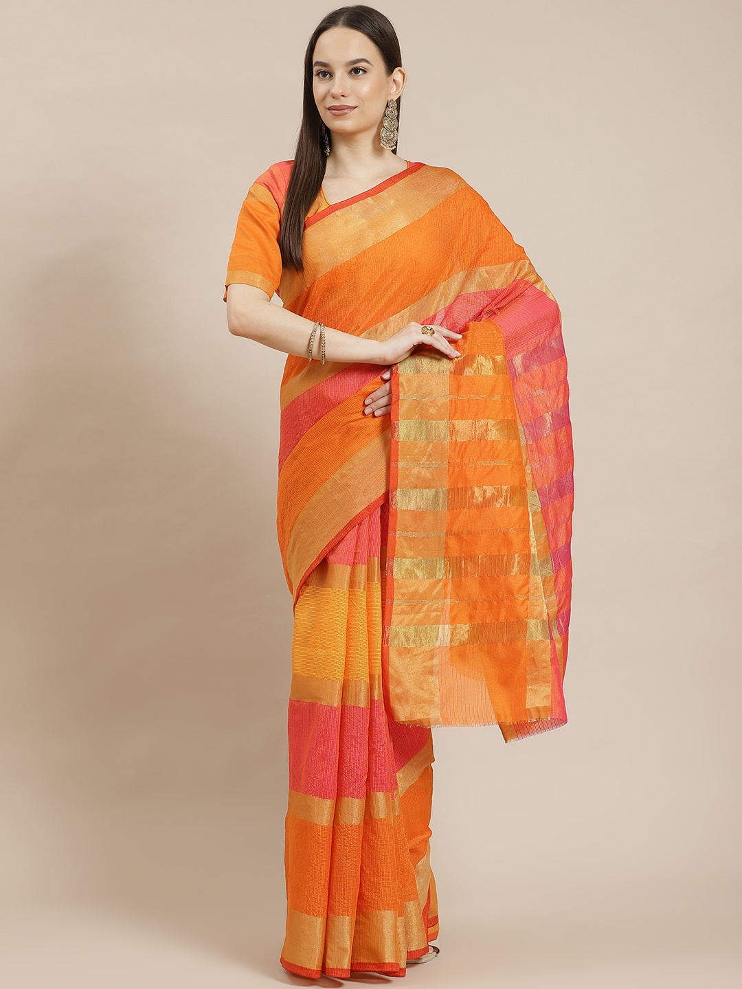 

Kvsfab Orange Cotton & Silk Festive Saree