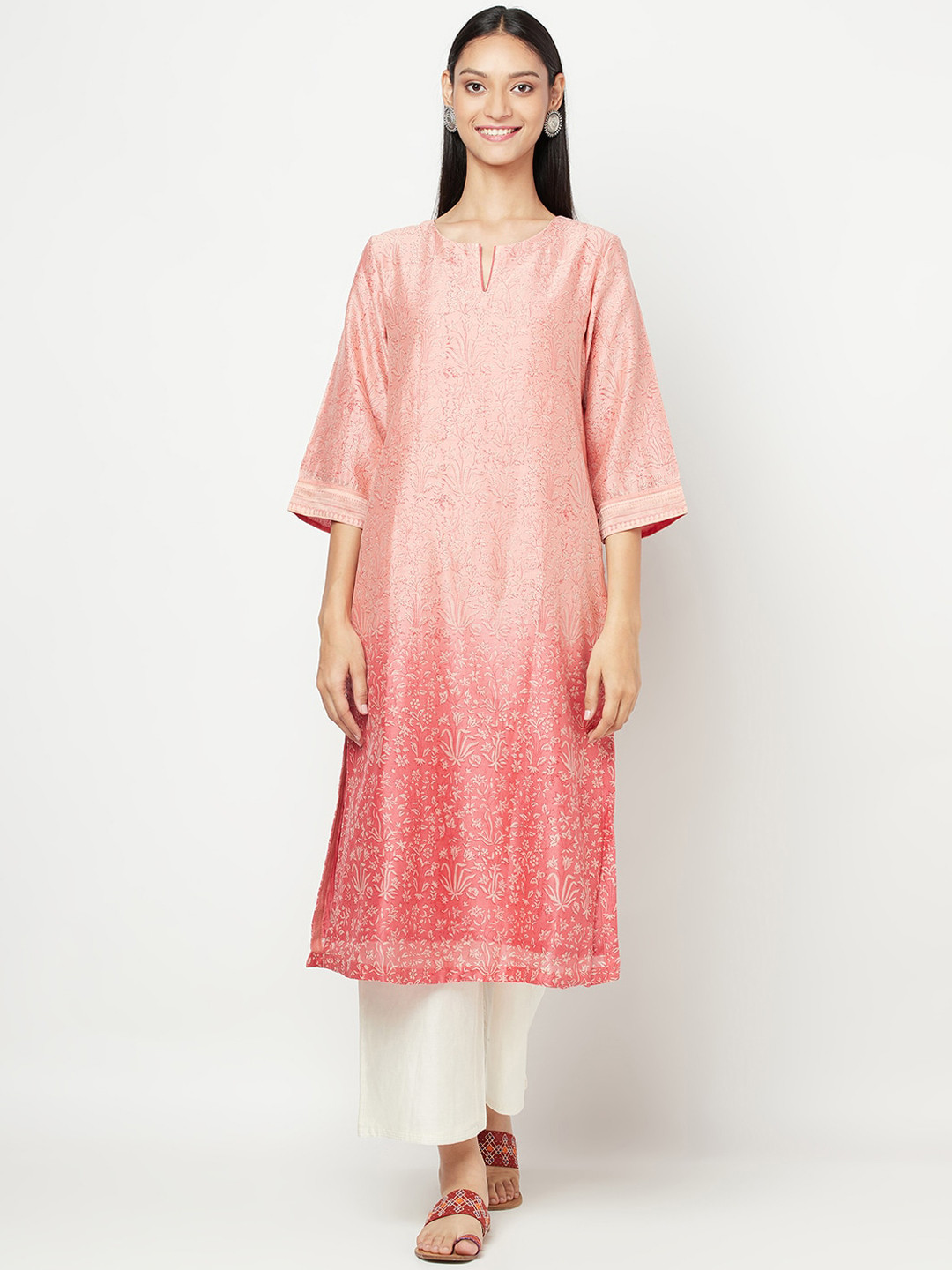 

Fabindia Women Peach-Coloured Floral Printed Flared Sleeves Cotton Silk Kurta