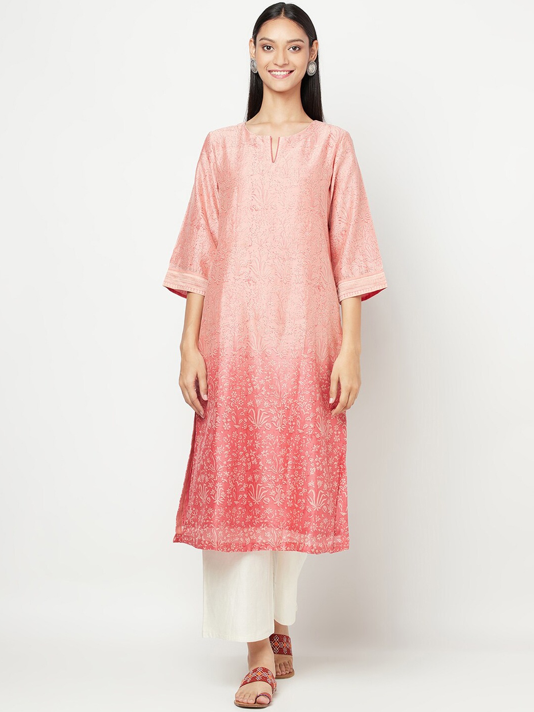 

Fabindia Women Peach-Coloured Floral Printed Kurta