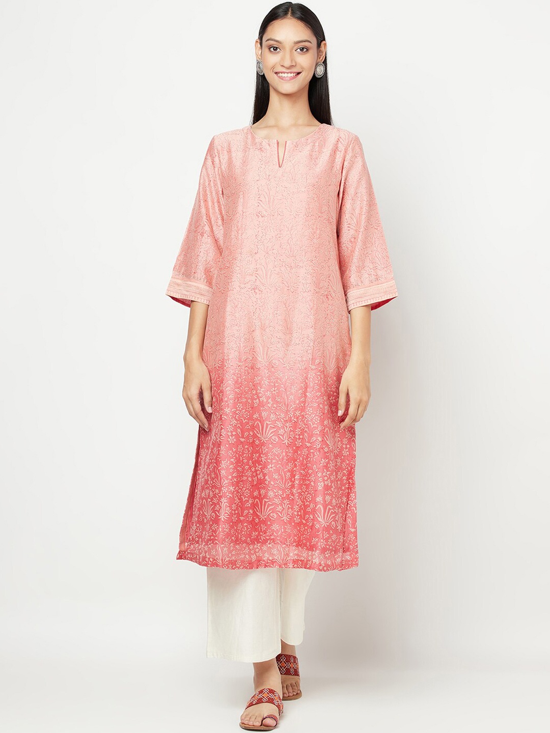 

Fabindia Women Peach-Coloured Floral Printed Keyhole Neck Kurta