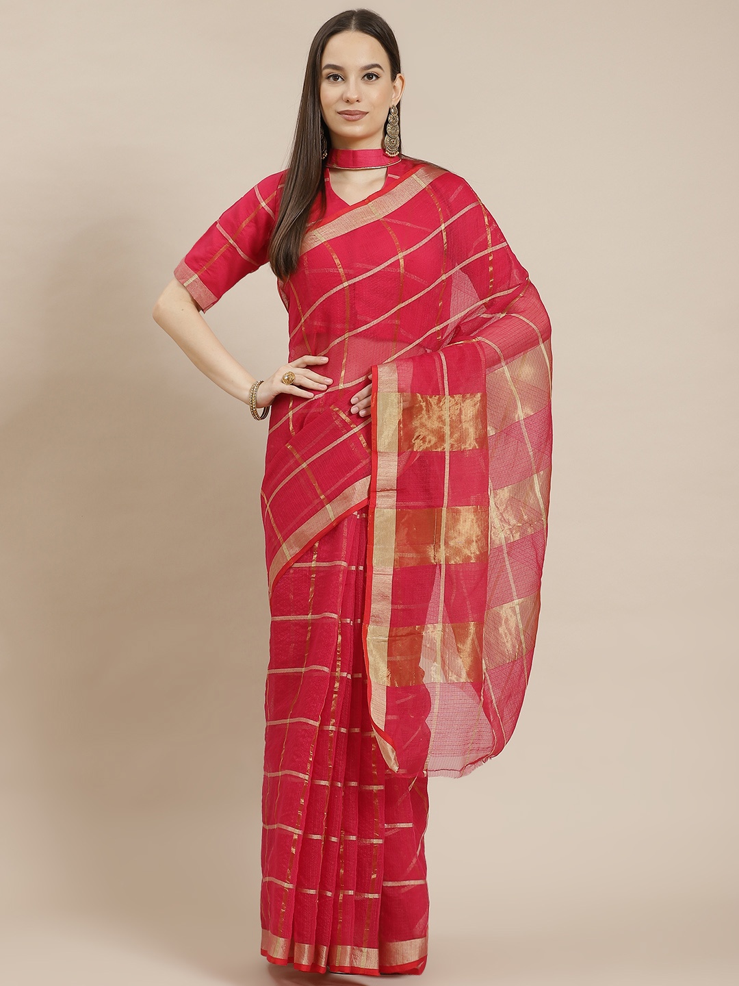 

Kvsfab Pink Checked Cotton & Silk Festive Saree