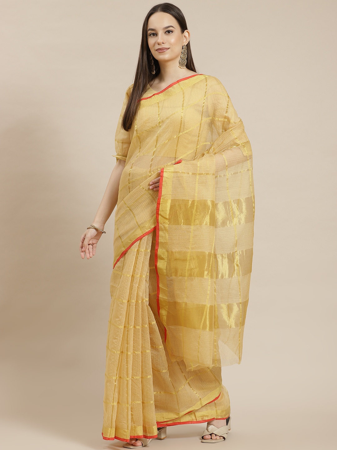 

Kvsfab Beige Cotton & Silk Festive Saree