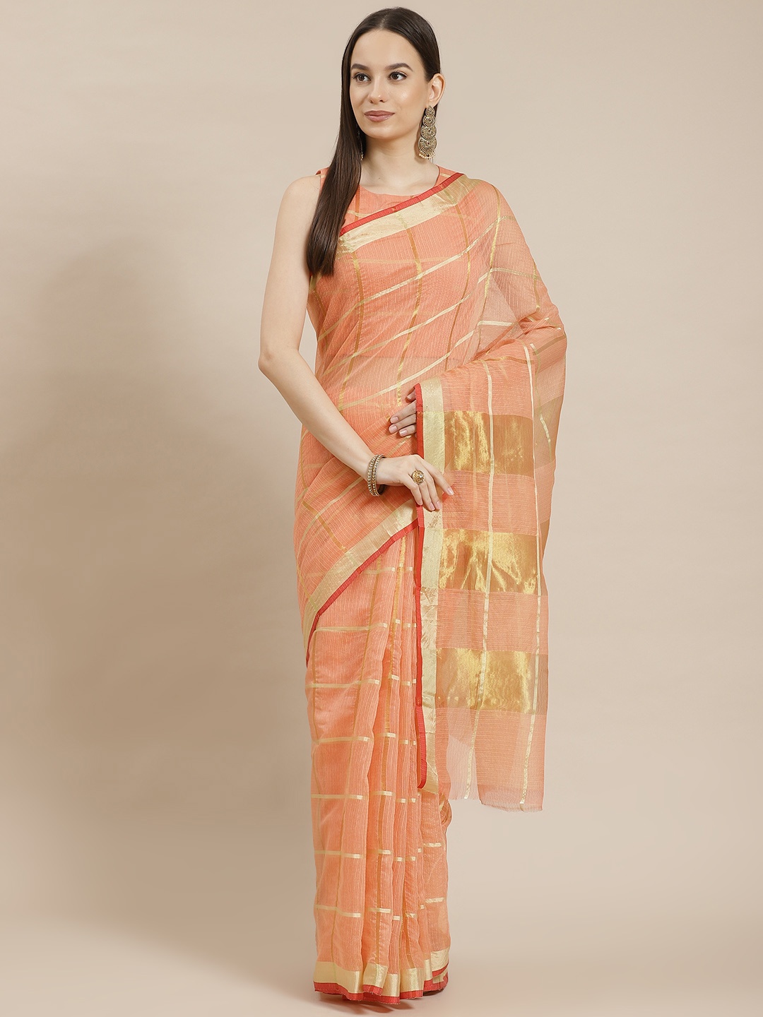 

Kvsfab Peach-Coloured Checked Cotton & Silk Festive Saree