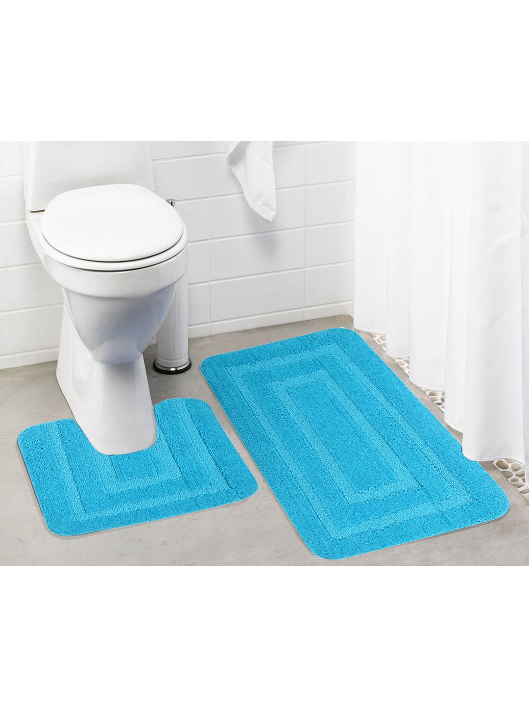 

Lushomes Blue Set Of Self-Design Large Microfibre Anti-Slip Bath Rug With Contour Mat, Turquoise blue