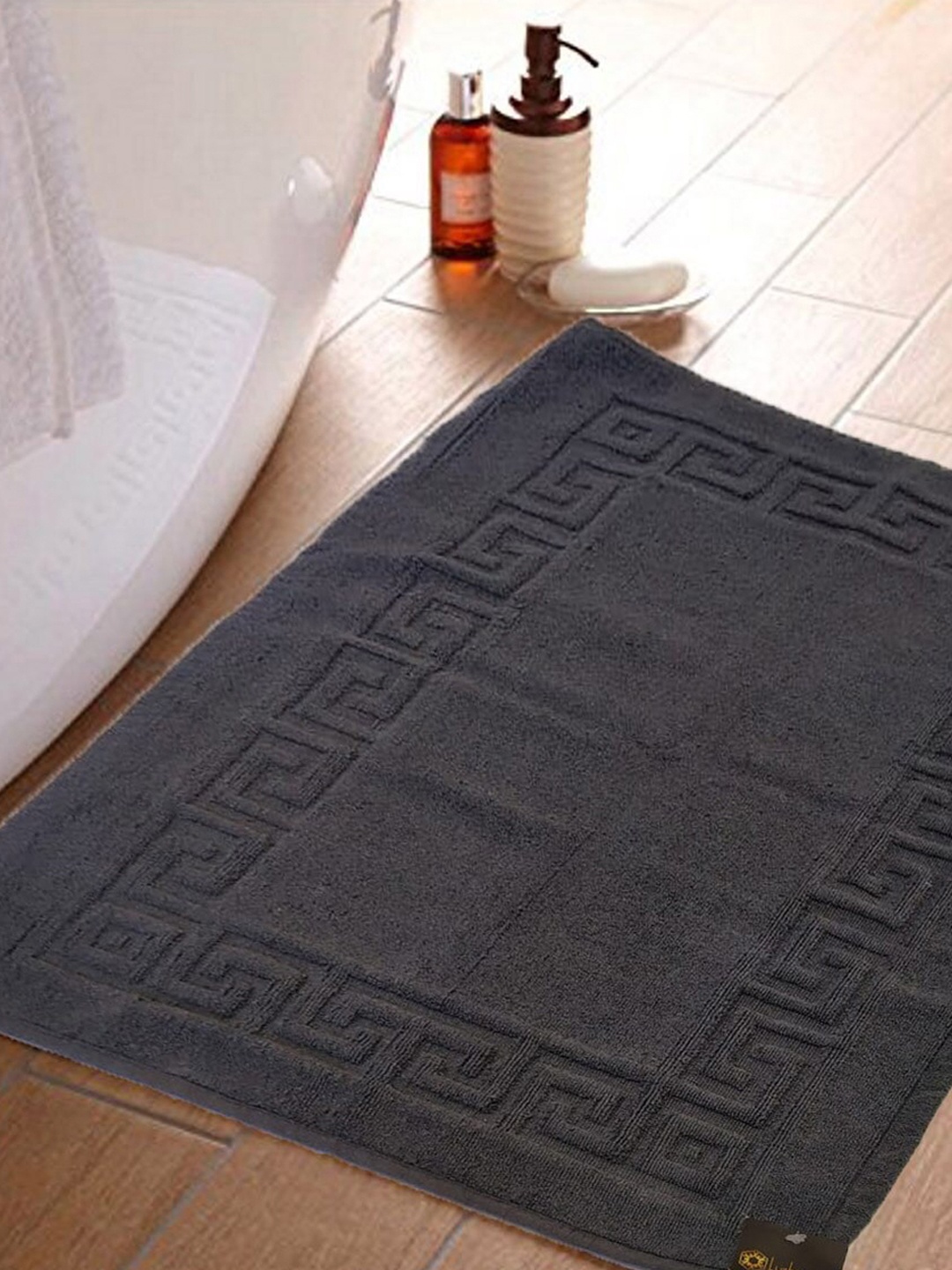 

Lushomes Grey Super Soft Pure Terry Cotton Hotel and Spa Bathmat with Greek Border