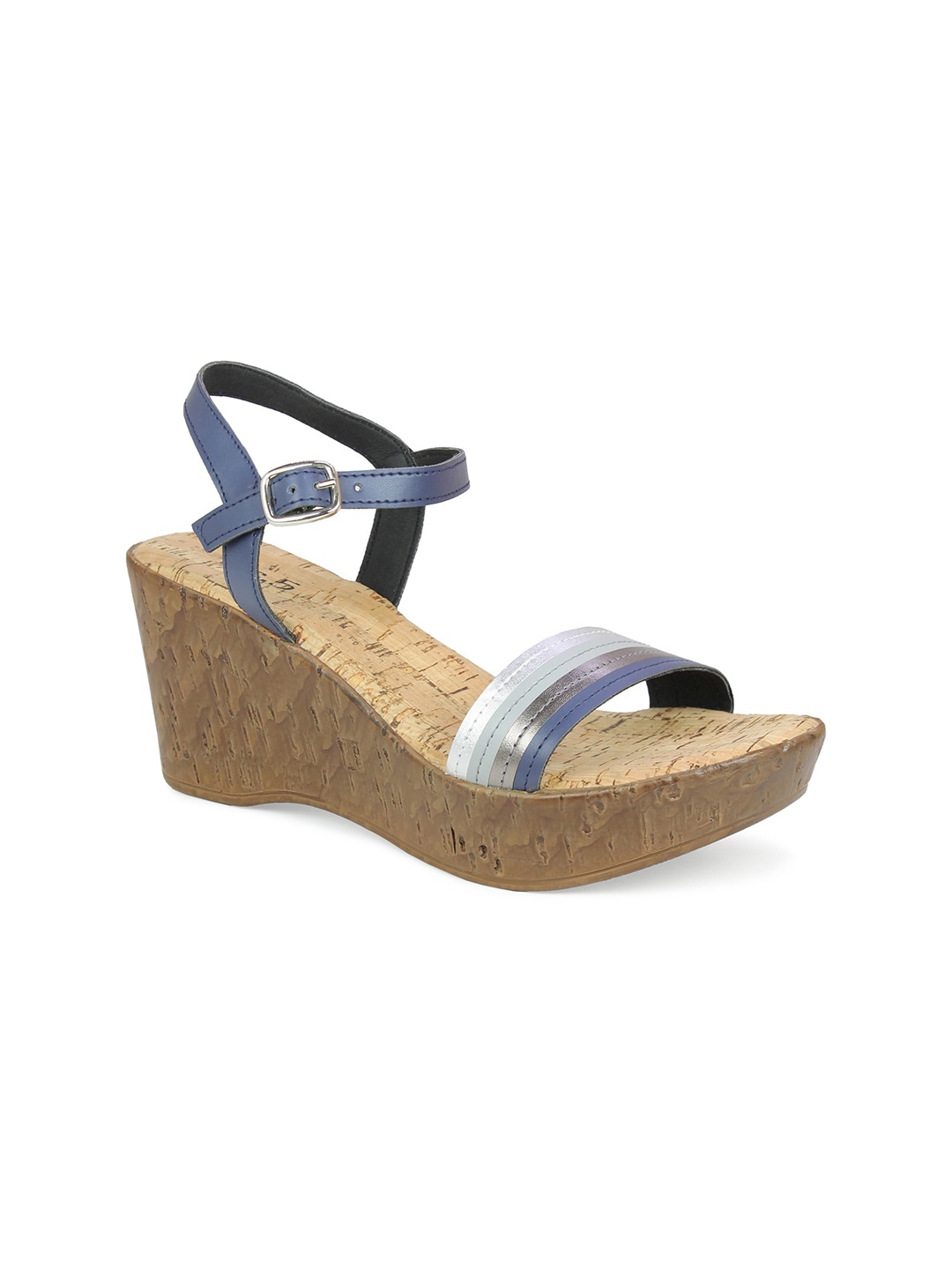 

Inc 5 Navy Blue & Silver-Toned Striped Wedge Sandals with Buckles