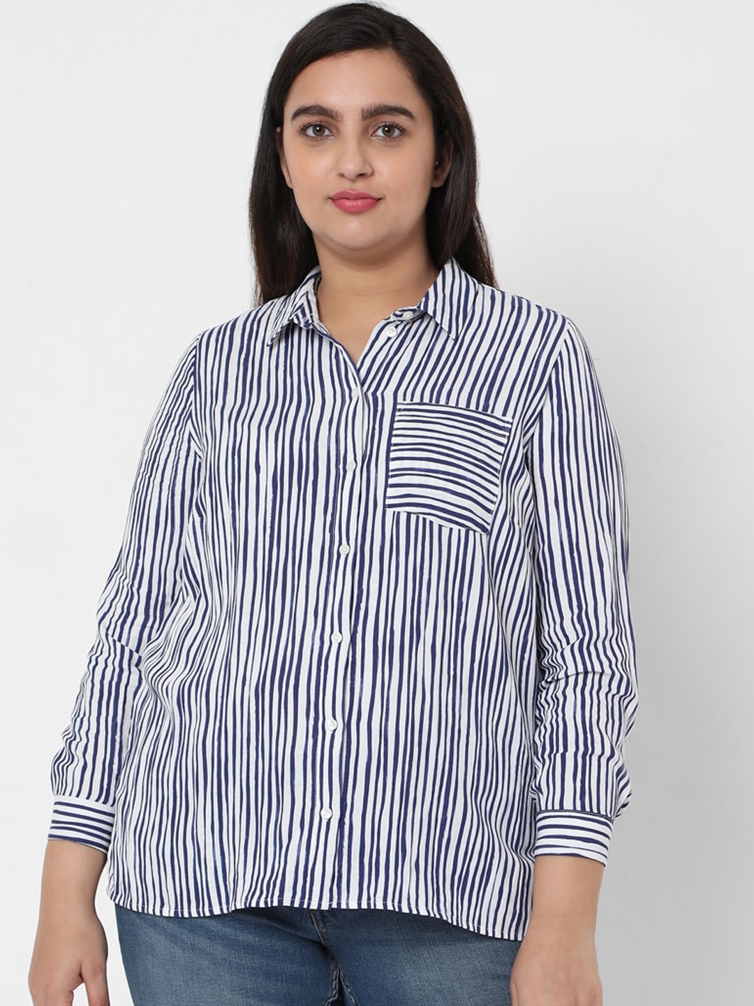 

VERO MODA CURVE Women Blue Striped Printed Casual Shirt