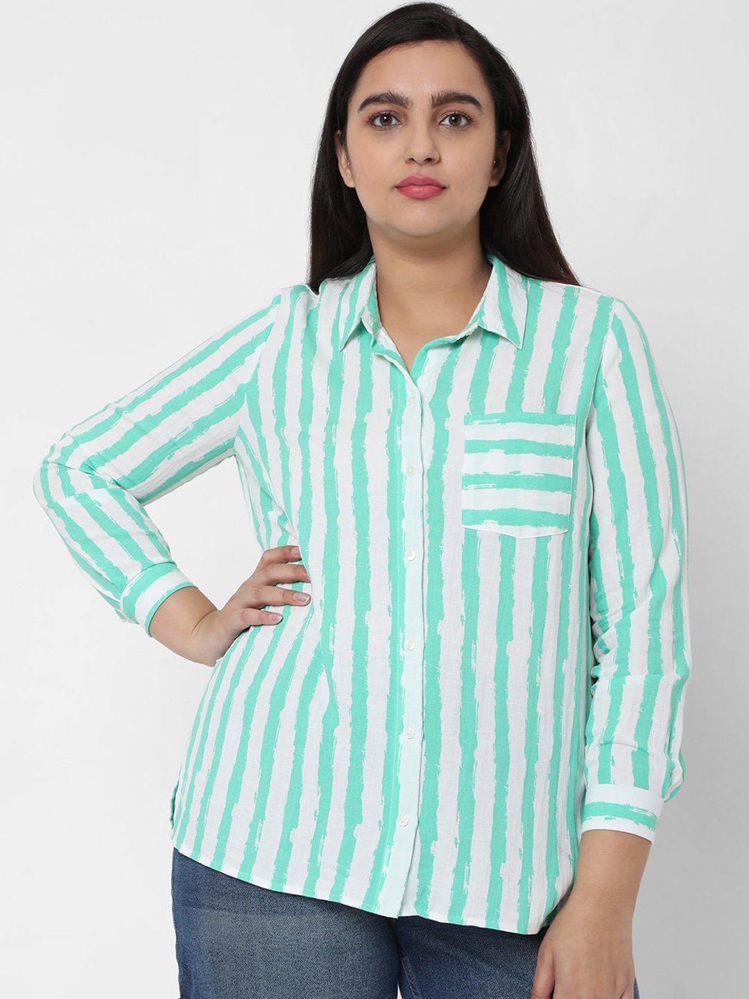 

VERO MODA CURVE Women Blue & White Opaque Horizontal Striped Casual Shirt