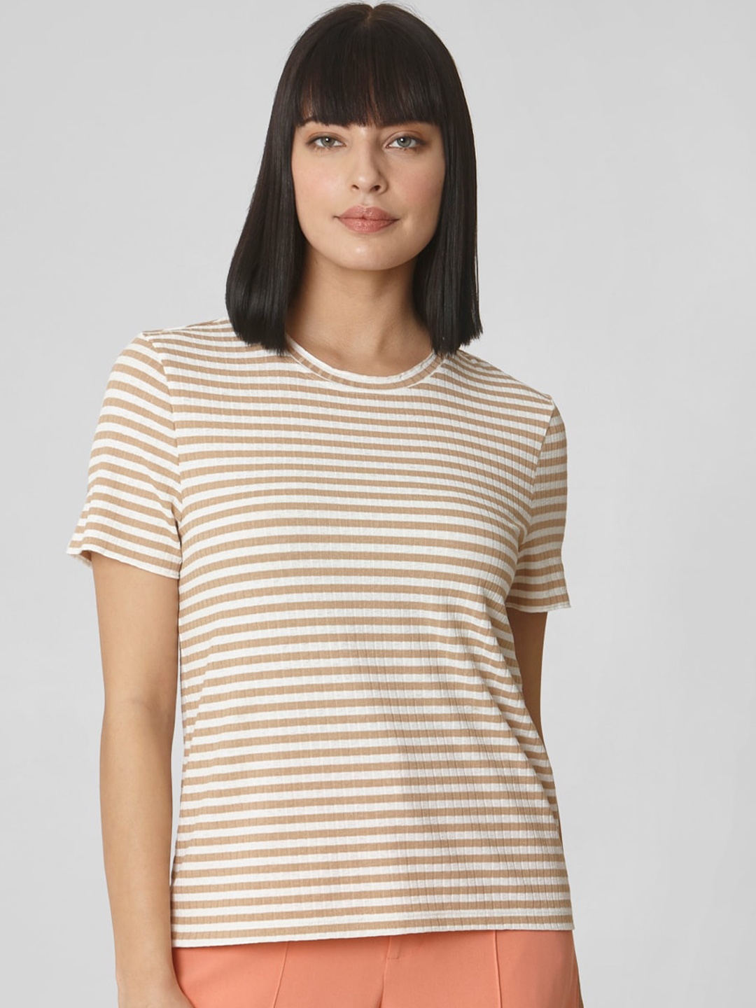 

Vero Moda Women Beige Striped Monochrome Pockets T-shirt