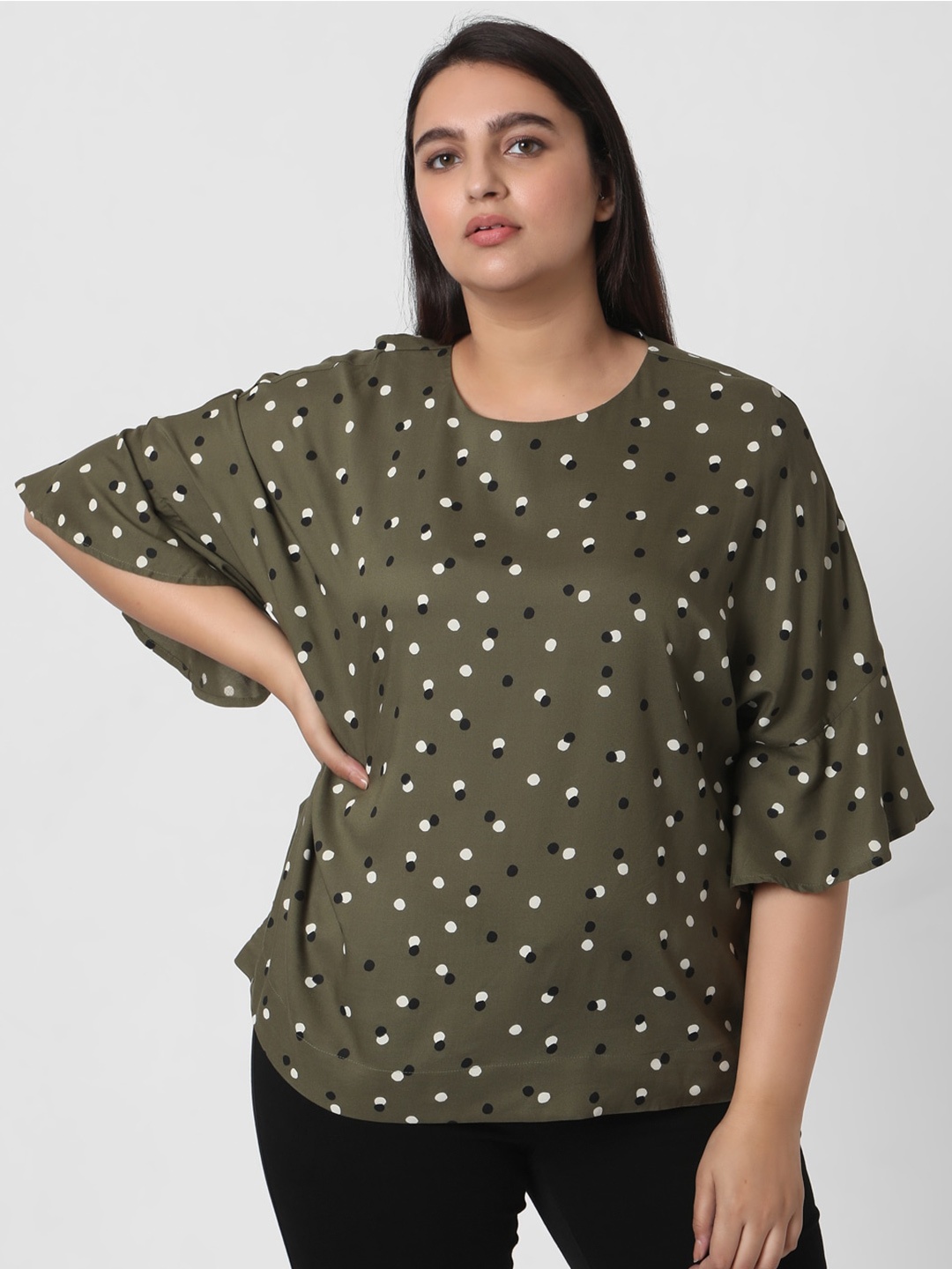 

Vero Moda Women Olive Green & White Printed Round Neck Regular Top