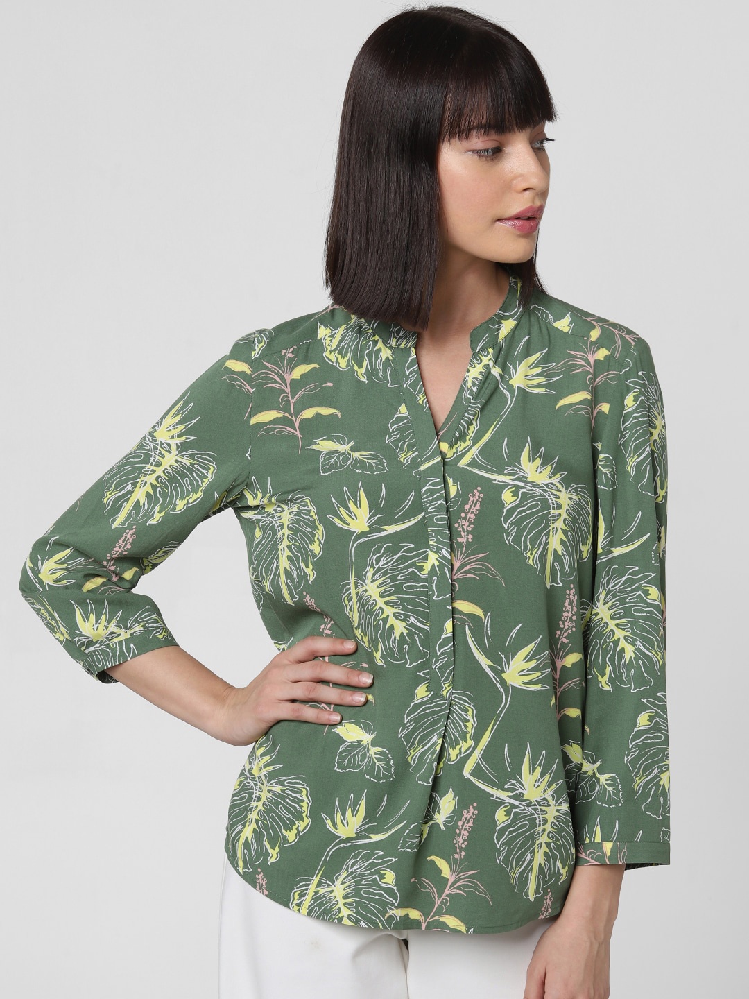 

Vero Moda Green Floral Mandarin Collar Shirt Style Top