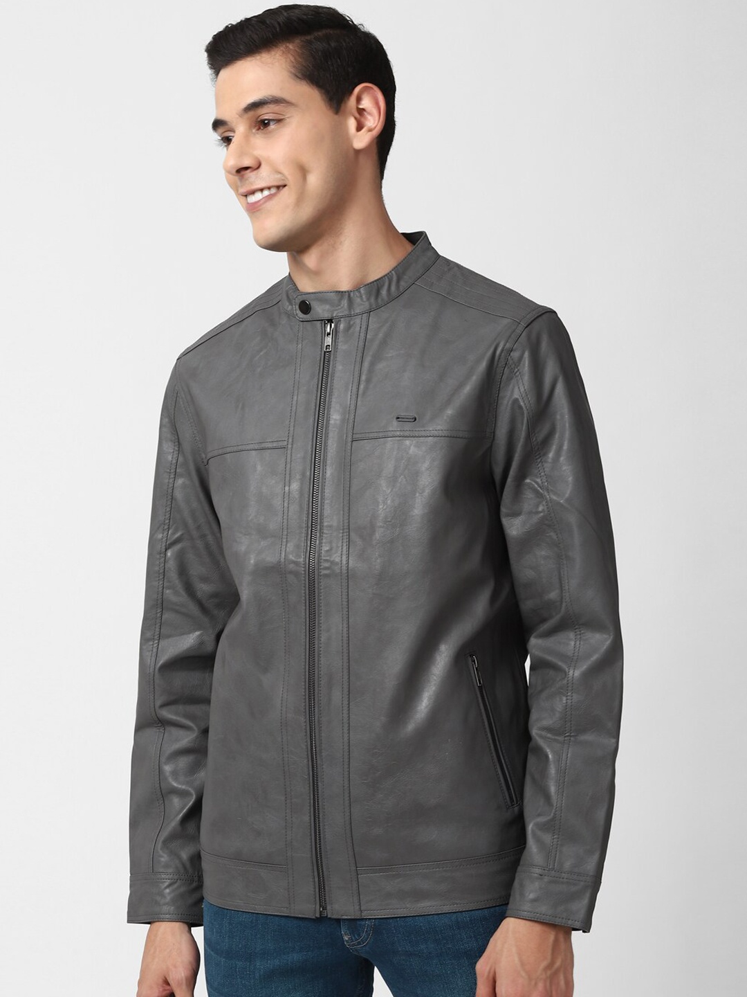 

Peter England Casuals Men Grey Solid Biker Jacket