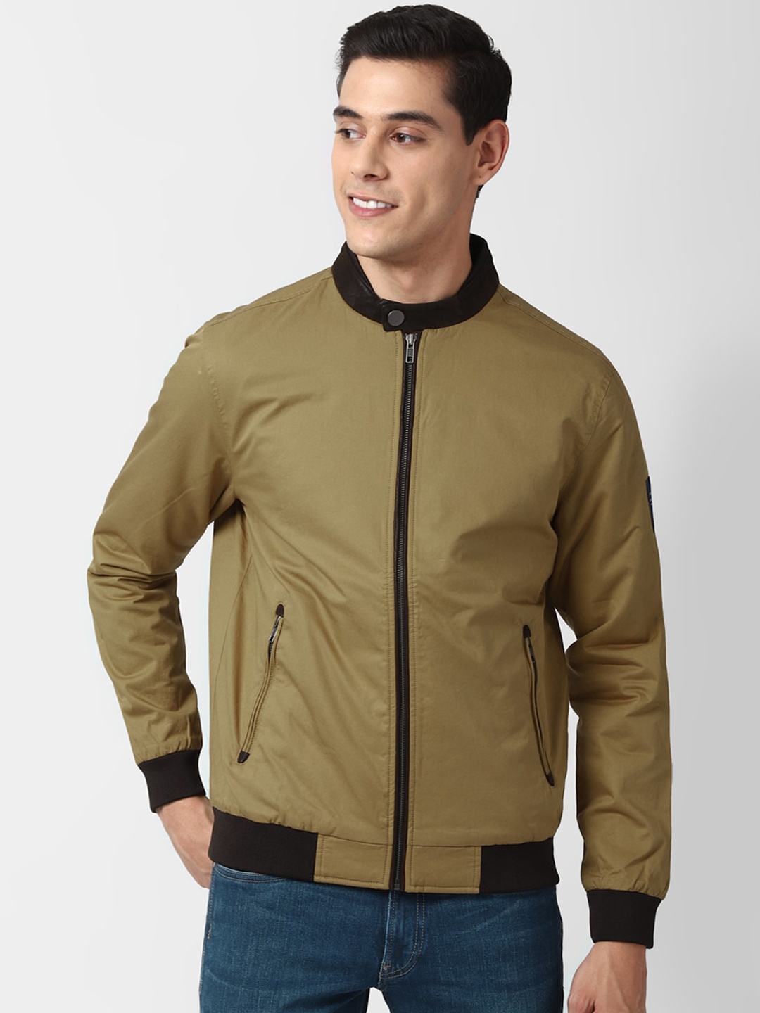 

Peter England Casuals Men Olive Green Colourblocked Bomber Jacket