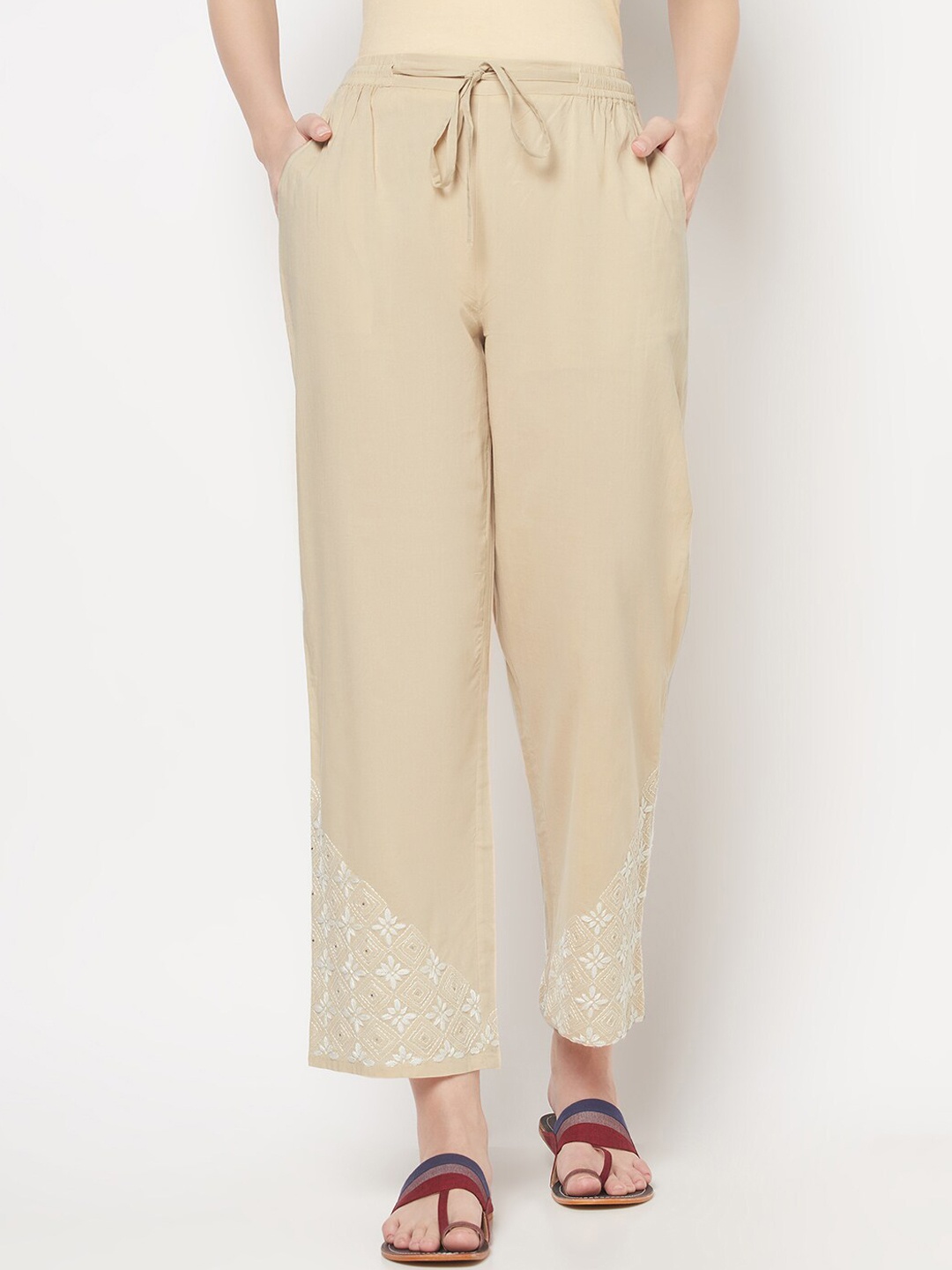 

Fabindia FabBasic Women Beige Self-Design Trousers