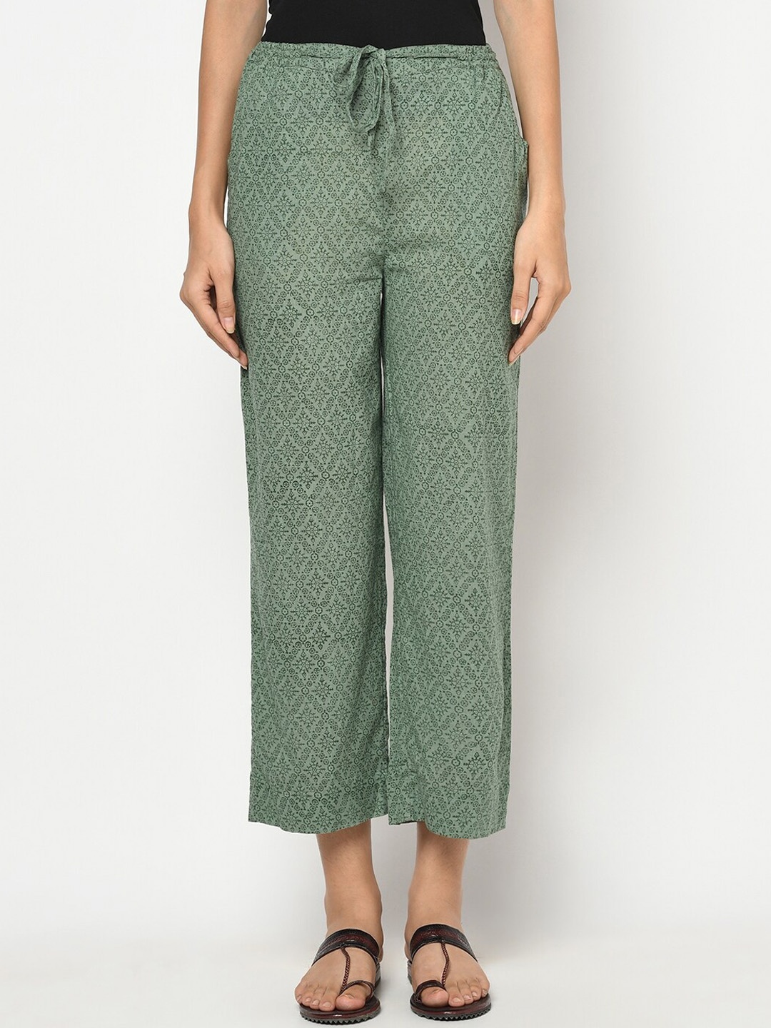 

Fabindia FabBasic Women Green Ethnic Motifs Printed Parallel Trousers