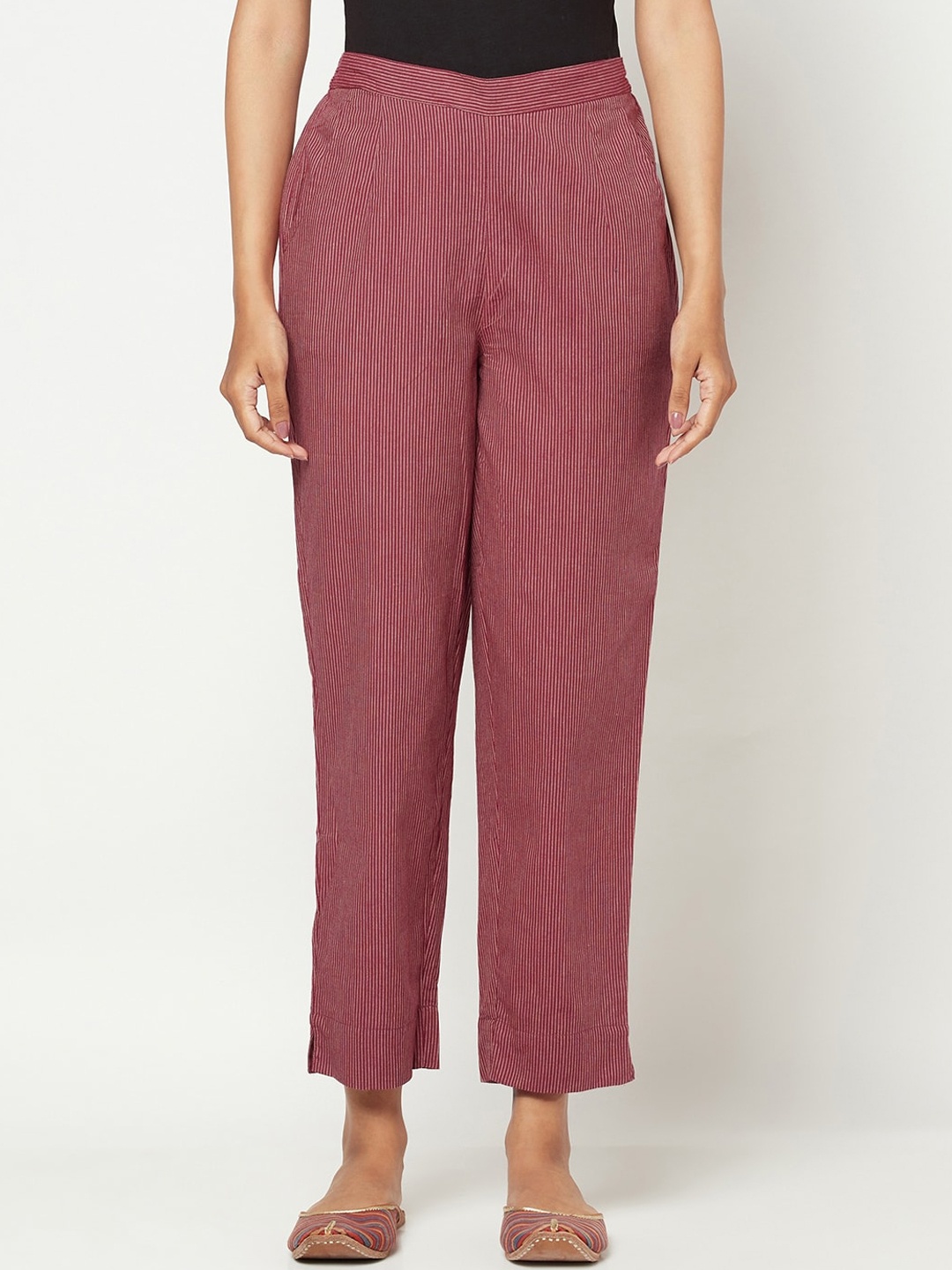 

Fabindia Women Maroon Striped Trousers
