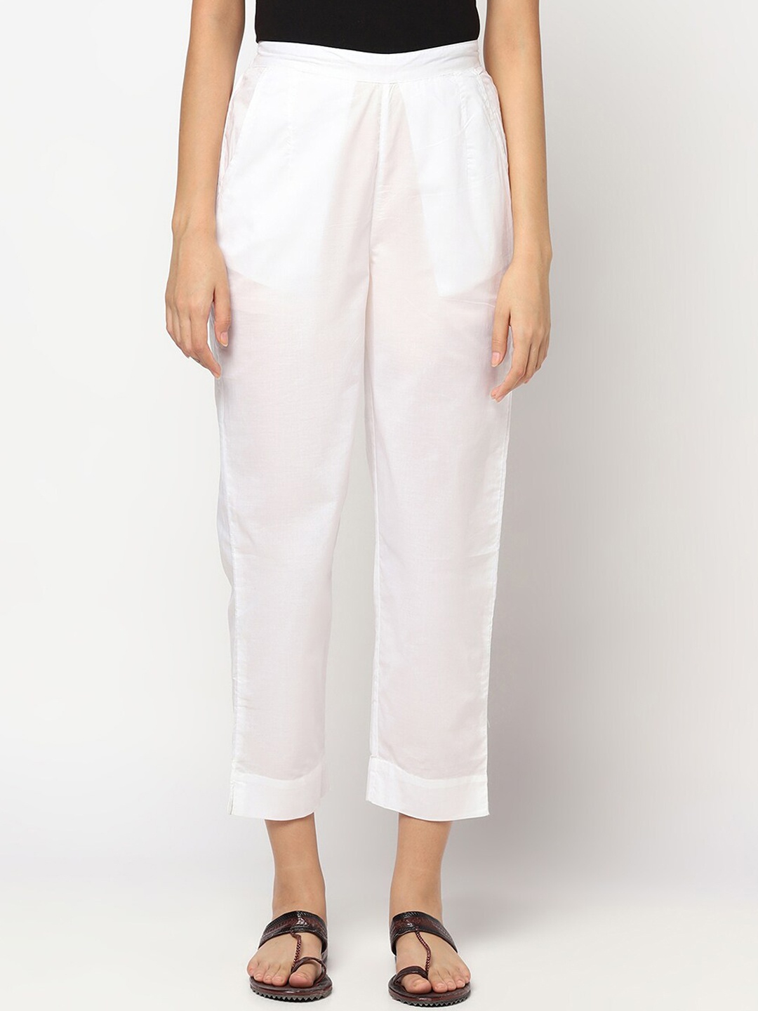 

Fabindia Women White Tapered Fit Trousers