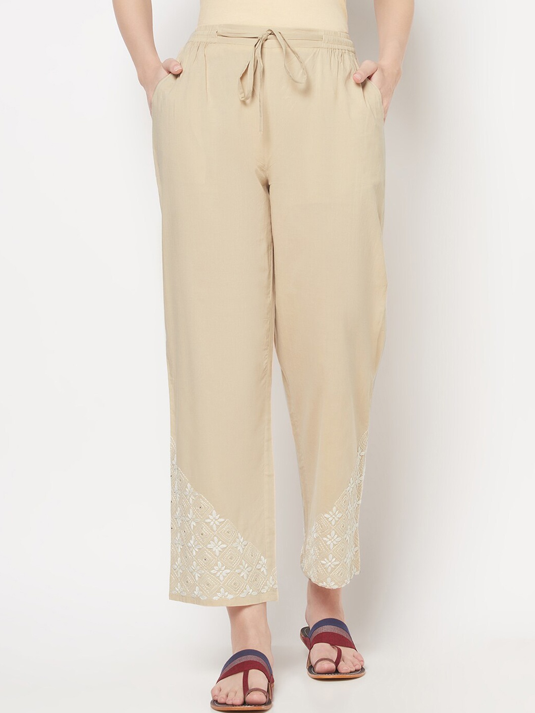 

Fabindia FabBasic Women Beige Textured Parallel Trousers