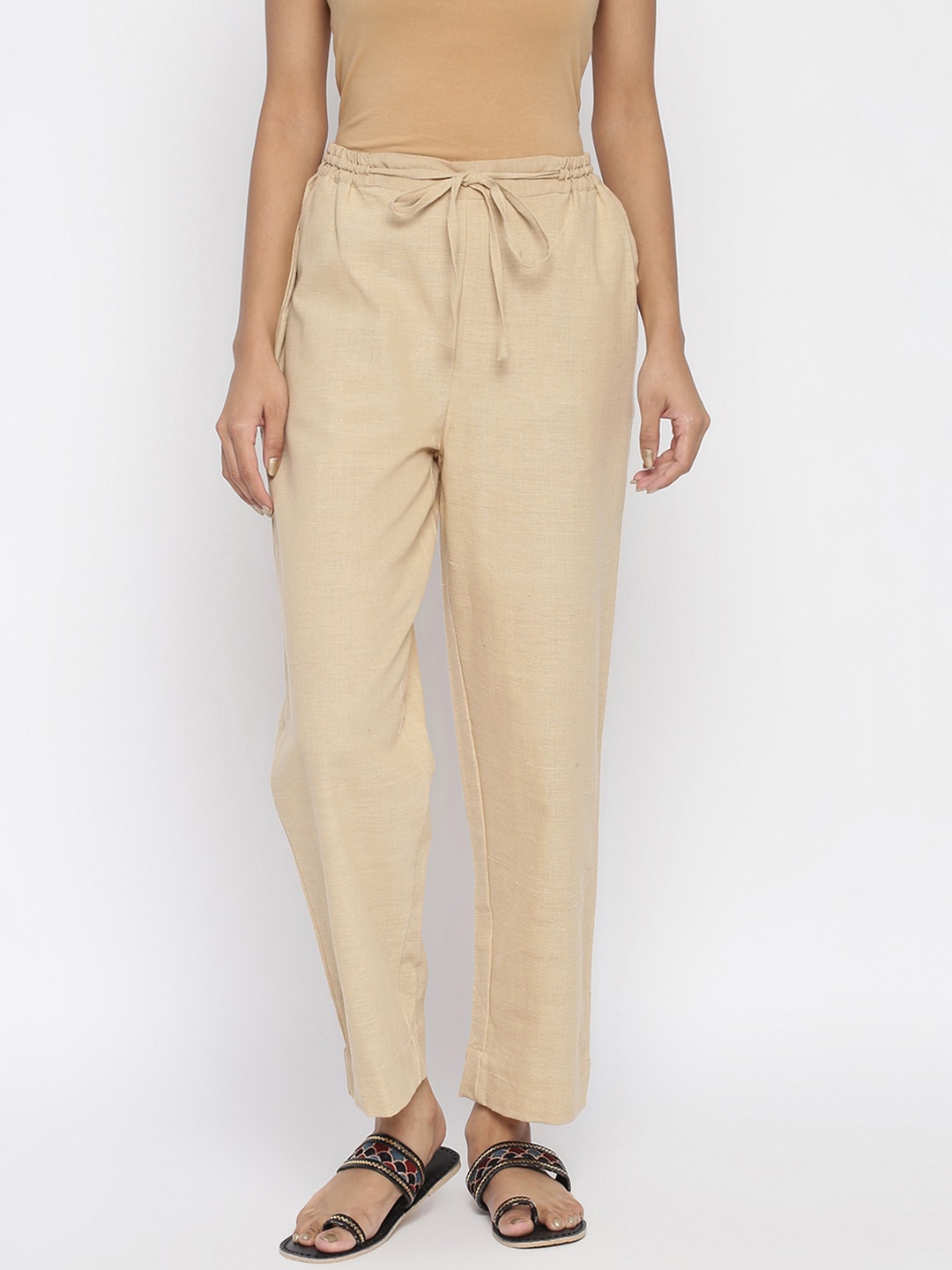 

Fabindia Women Beige Solid Parallel Trousers