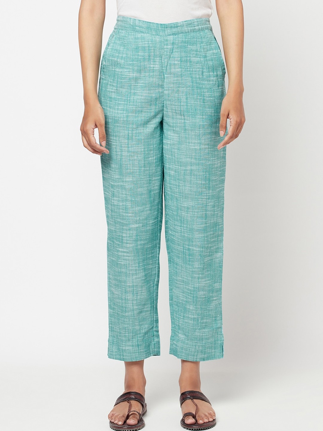 

Fabindia Women Green Cotton Slub Casual Tapered Ankle Length Parallel Trousers