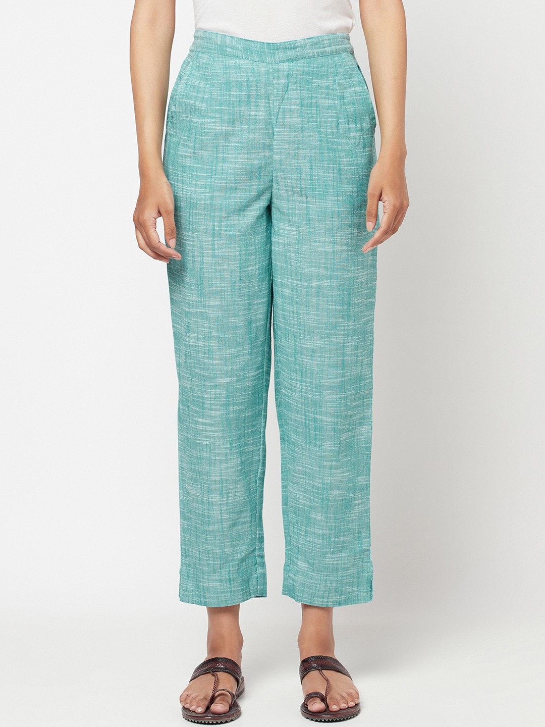 

Fabindia Women Green Checked Parallel Cotton Trousers