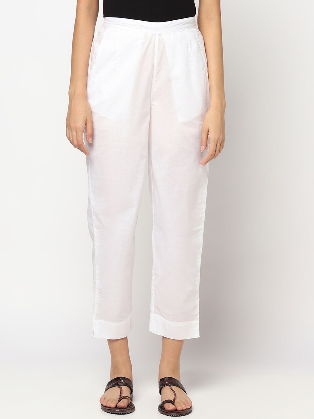 

Fabindia Women White Tapered Fit Trousers
