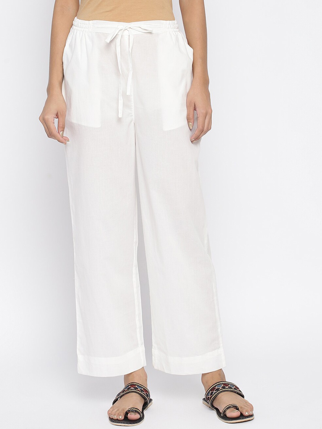 

Fabindia Women White Cotton Parallel Trousers, Beige