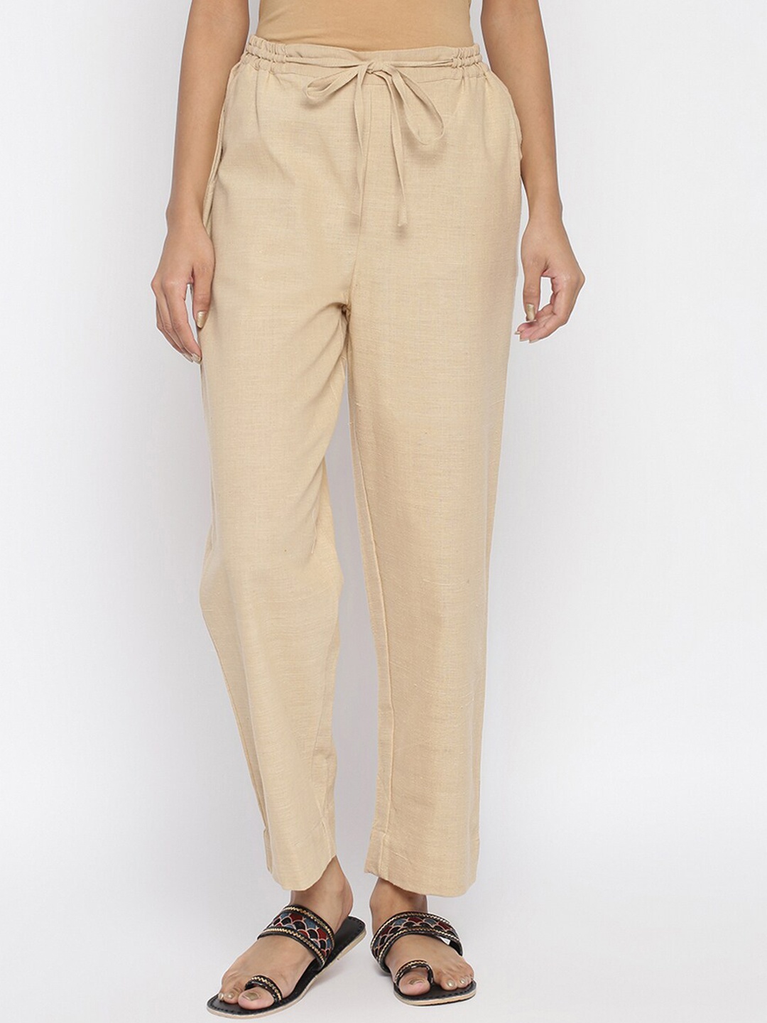 

Fabindia Women Beige Parallel Trousers