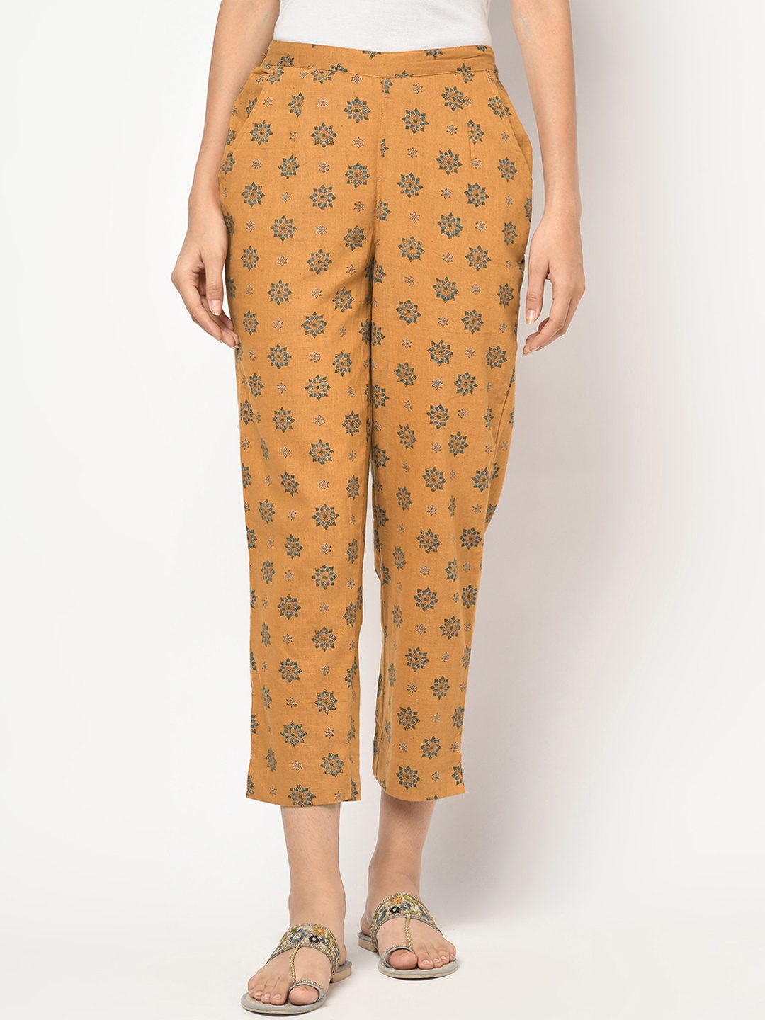 

Fabindia Women Yellow & Blue Ethnic Motifs Printed Tapered Fit Cotton Trousers