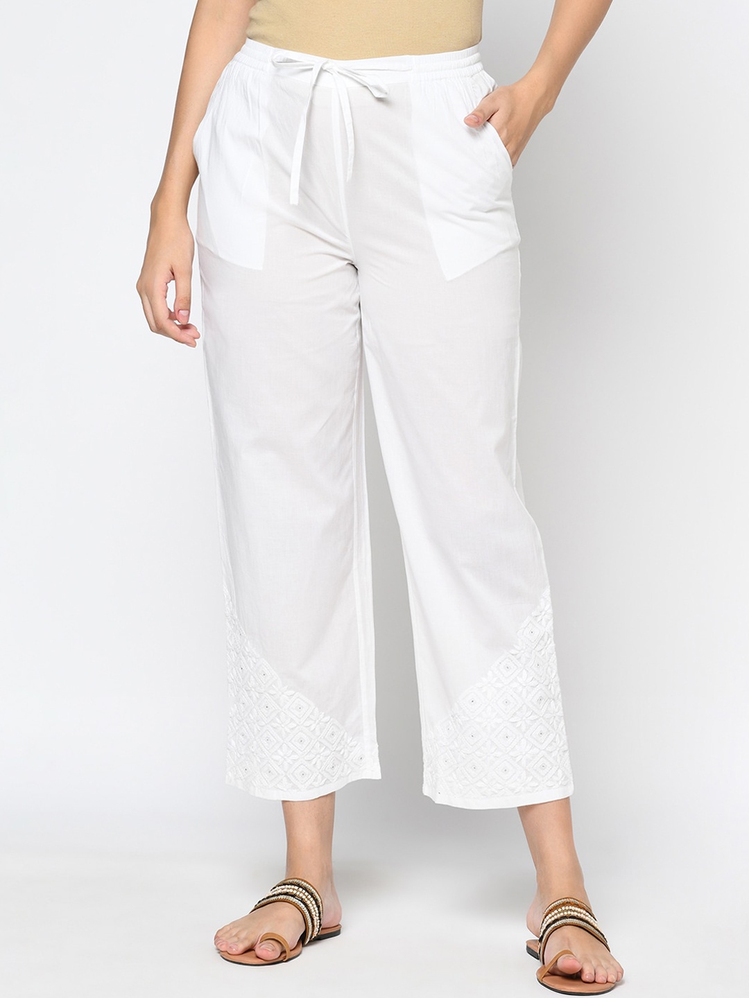 

Fabindia Women White Parallel Trousers