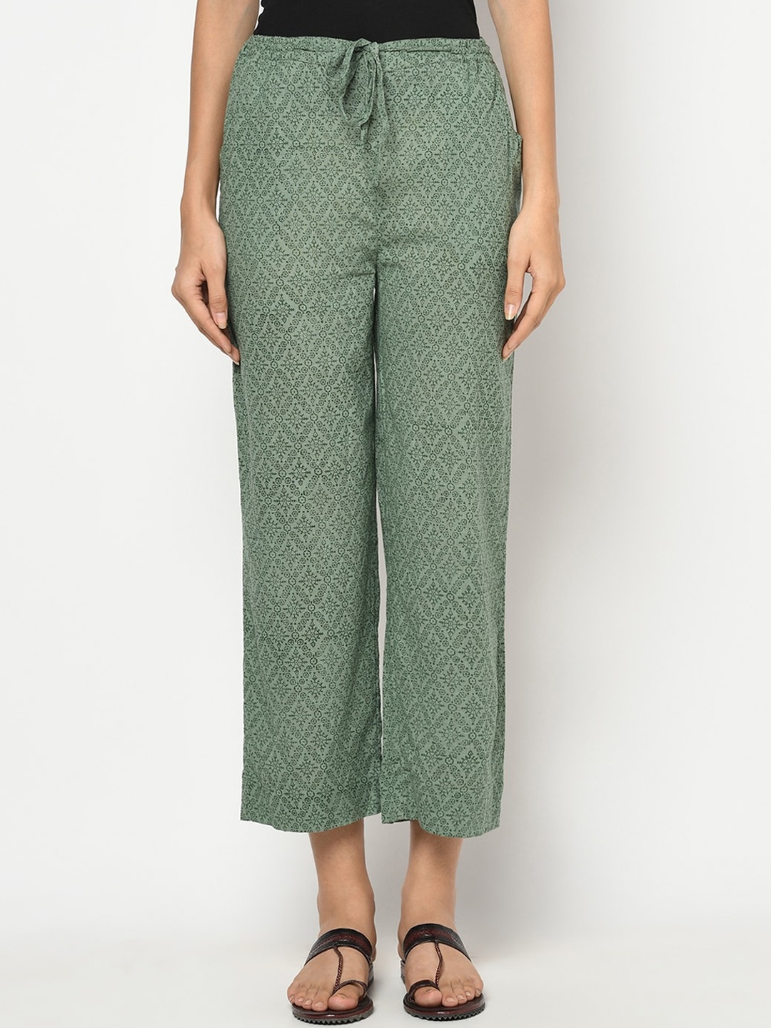 

Fabindia FabBasic Women Green Printed Parallel Trousers