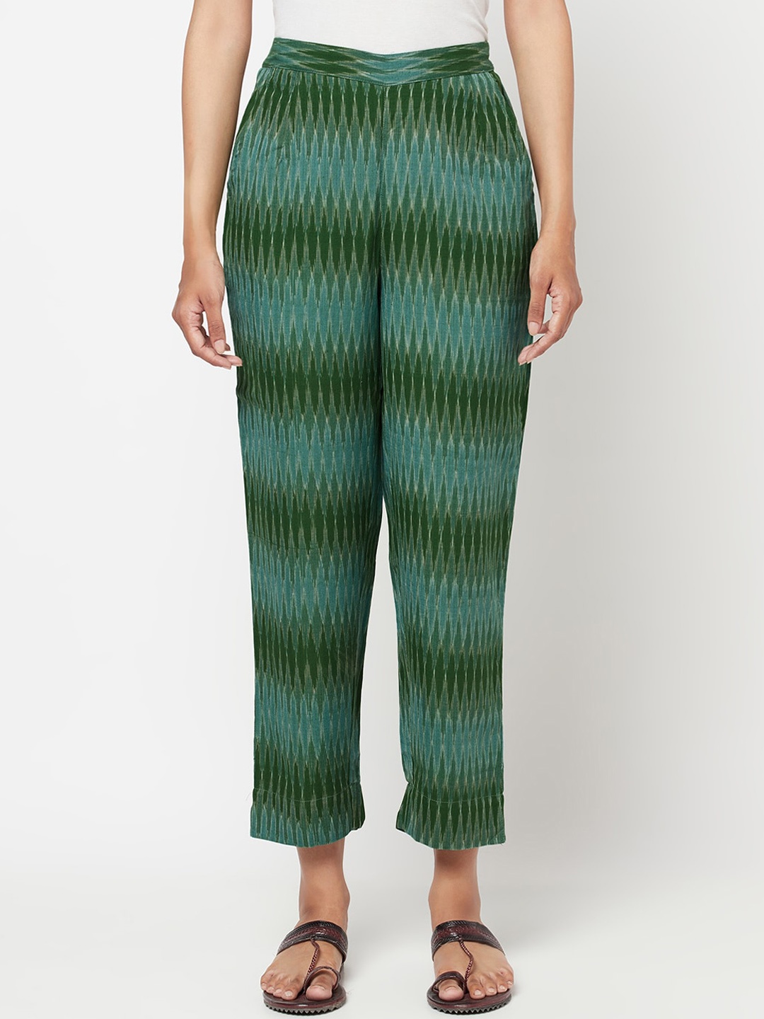 

Fabindia Women Green Ikat Printed Cotton Trousers