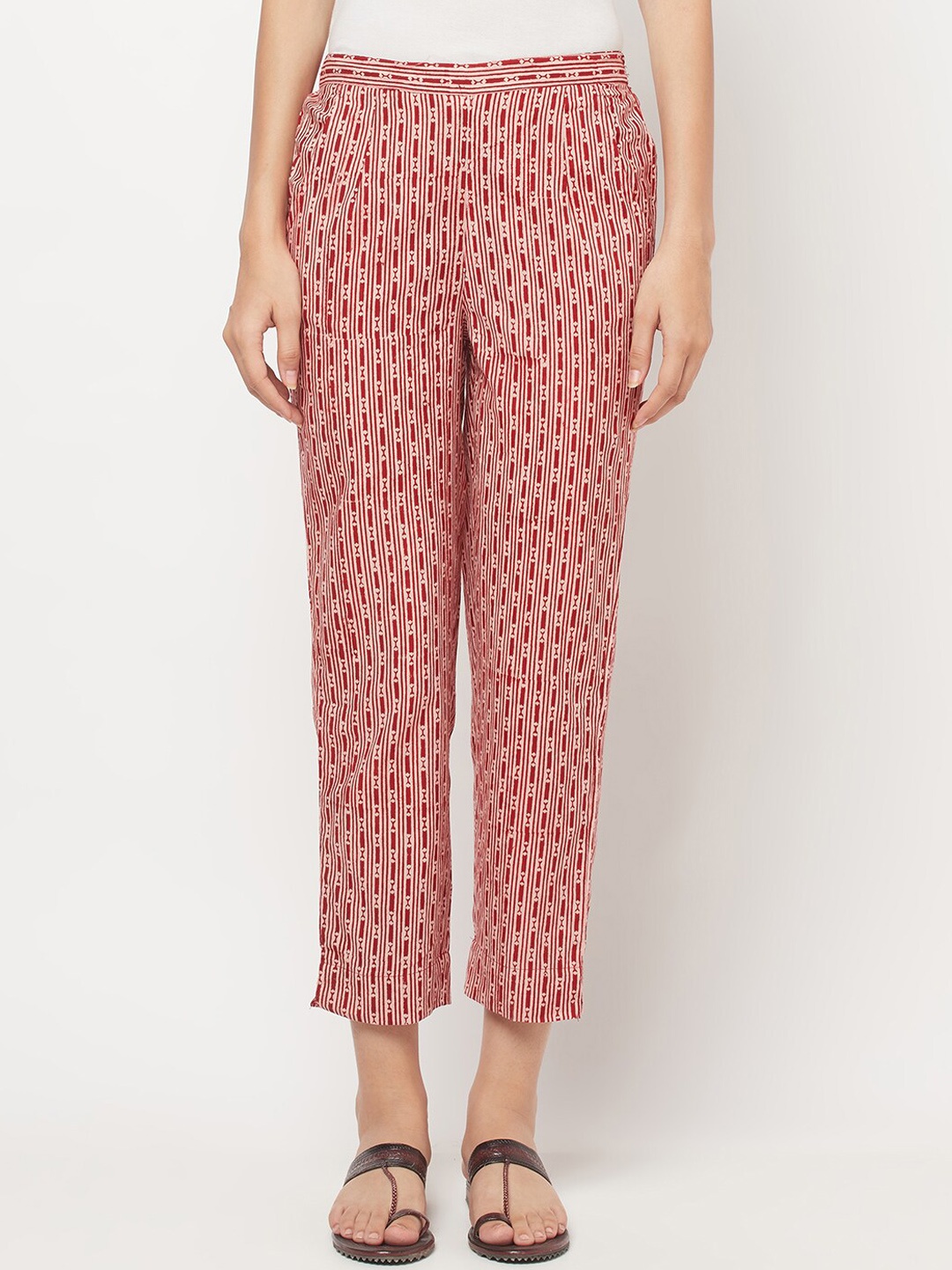 

Fabindia Women Red Striped Pleated Chinos Trousers